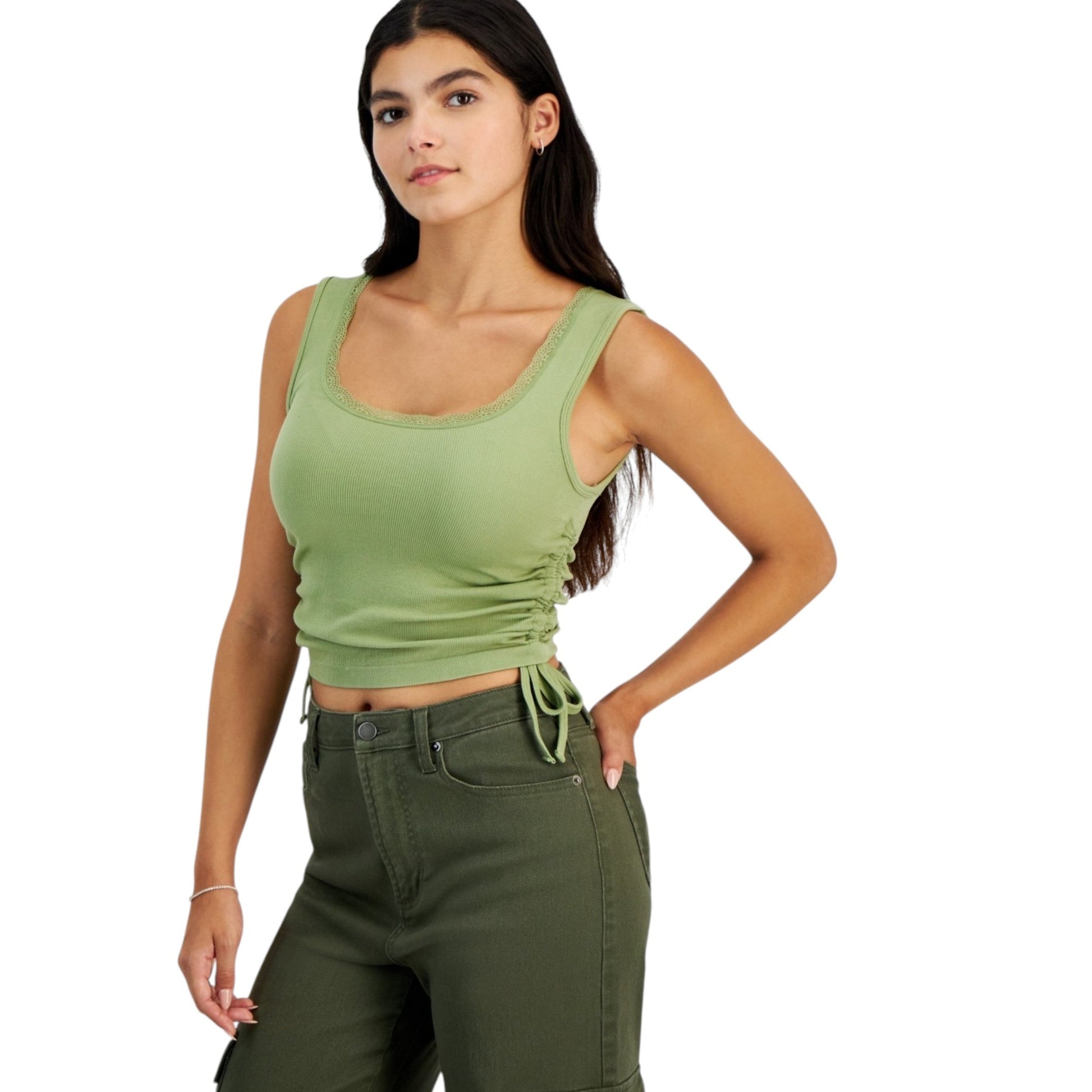 Women's Ribbed Lace Top,Dusty Olive