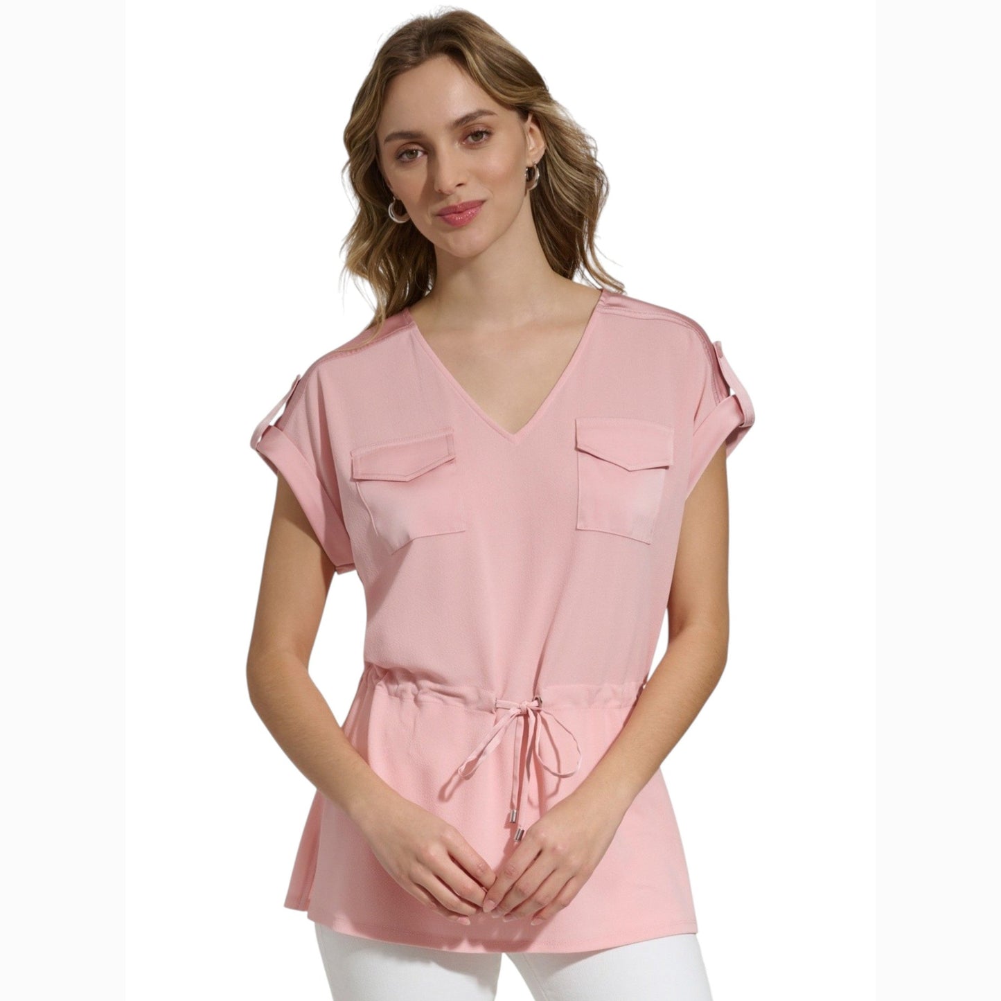 Women's Plain Pockets Top,Light Pink