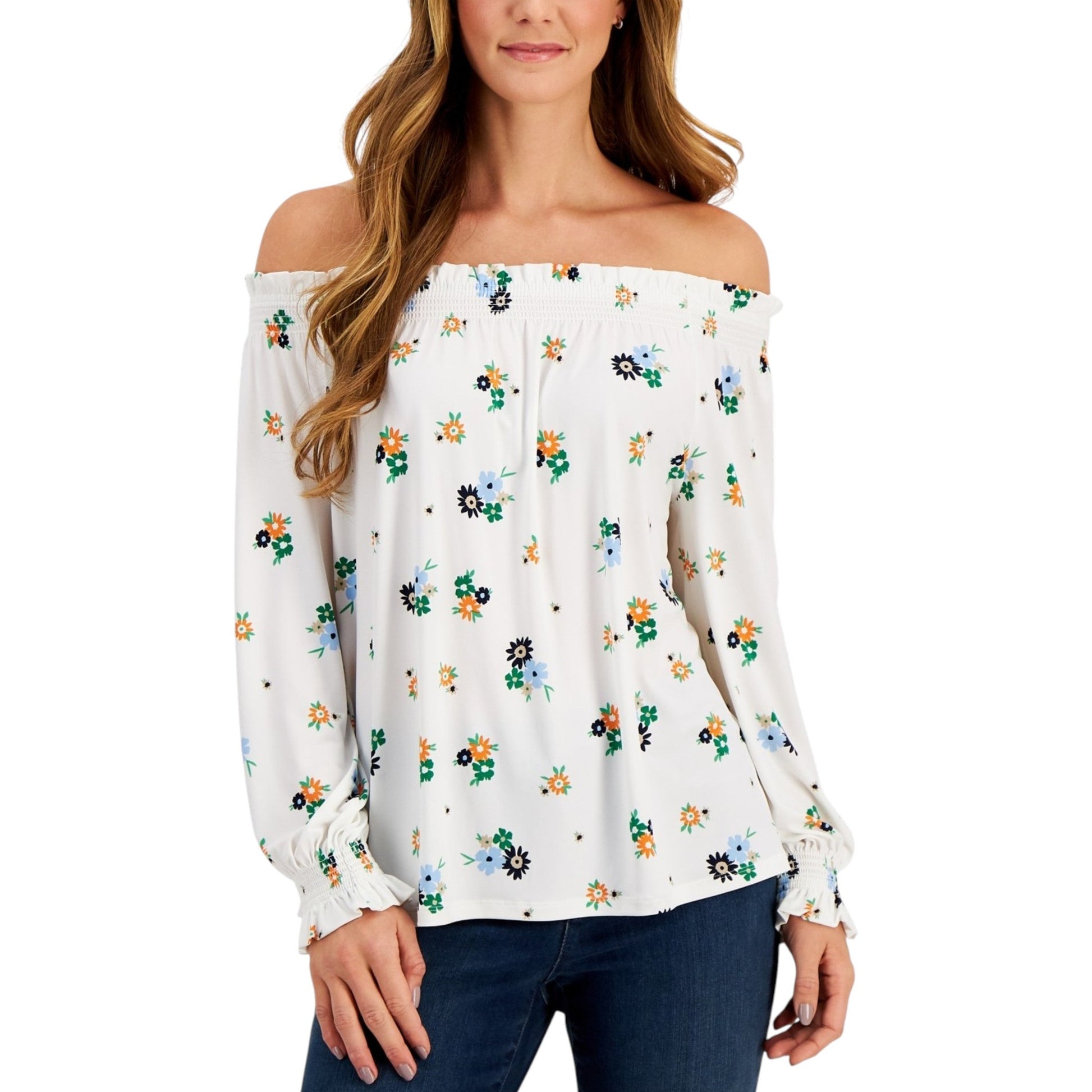 Women's Printed Cold Shoulders Top,White