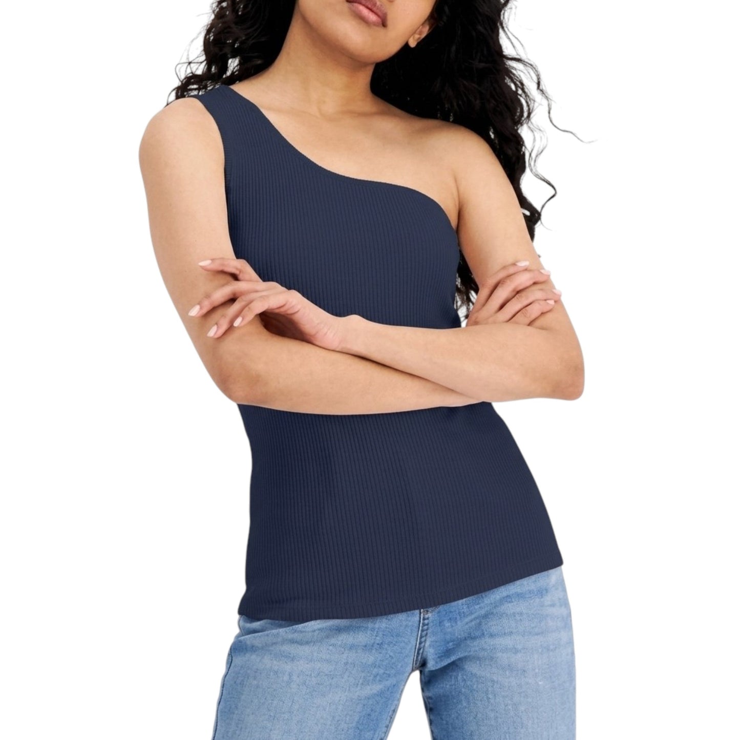 Women's One Shoulder Ribbed Top,Navy