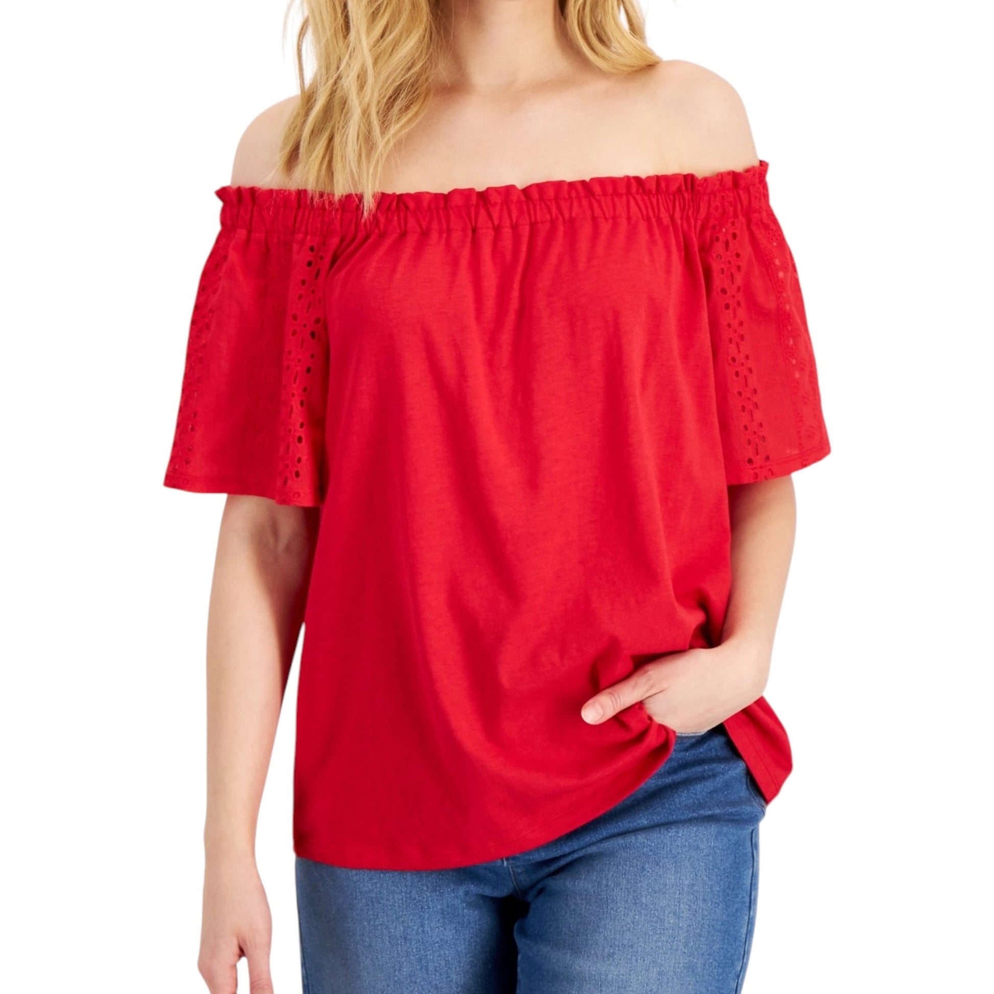 Women's Embroidered Cold Shoulder Top,Red