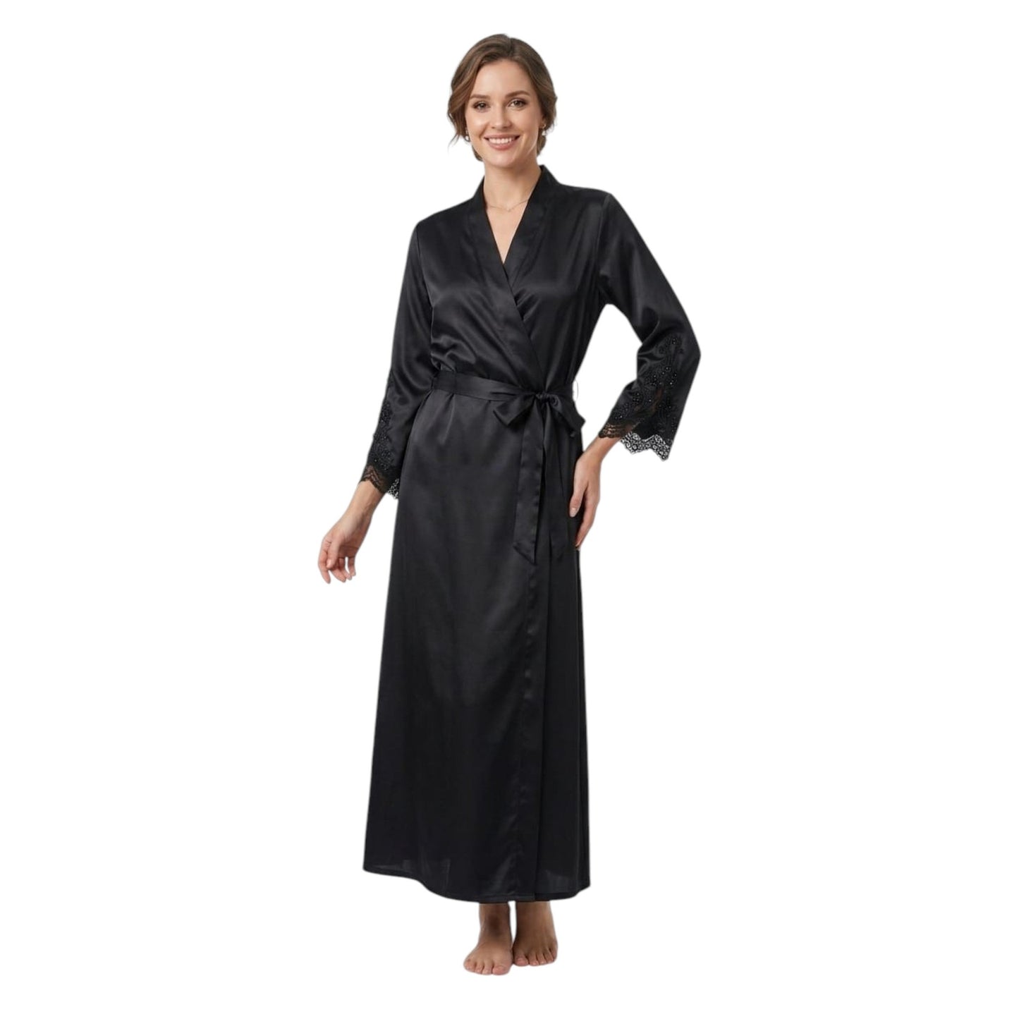 Women's Plain Lace Sleepwear Robe,Black