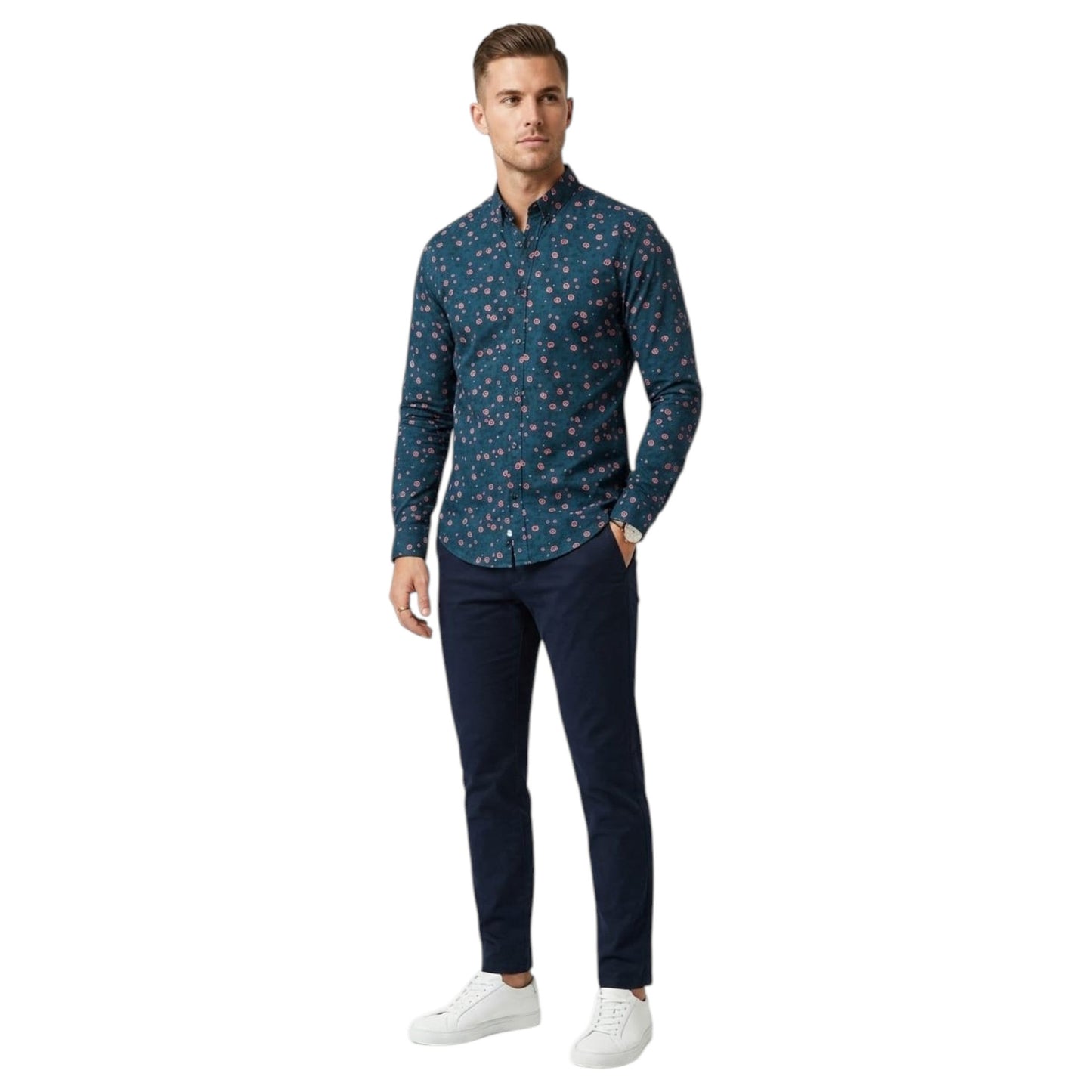Men's Printed Dress Shirt,Navy