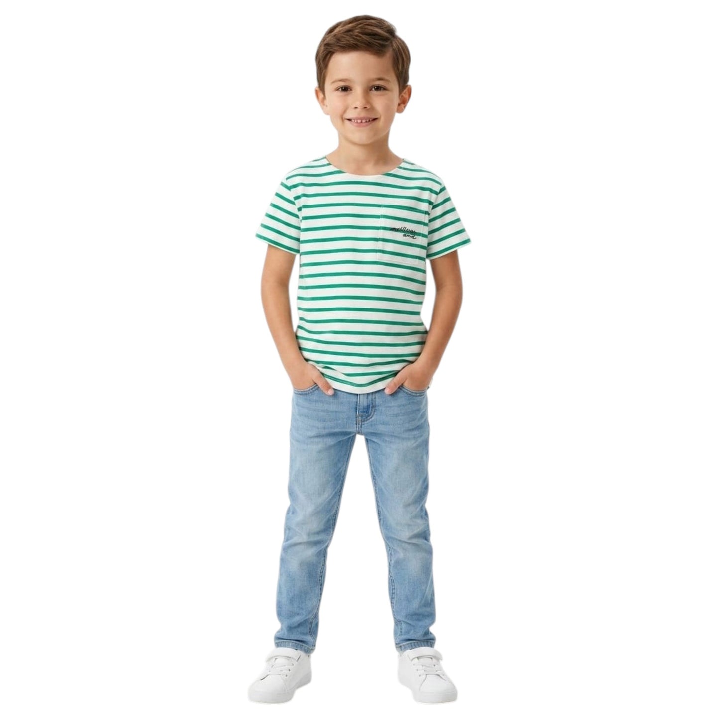 Kids Boy's Green Striped Top,White