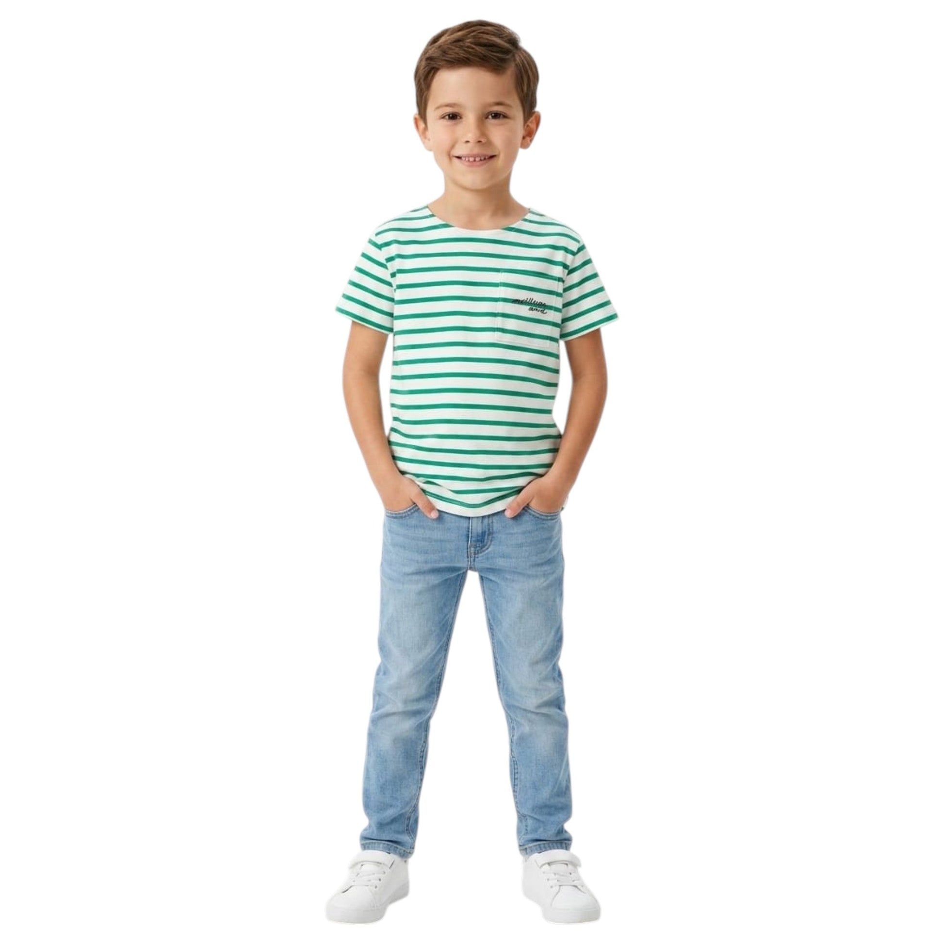 Kids Boy's Green Striped Top,White