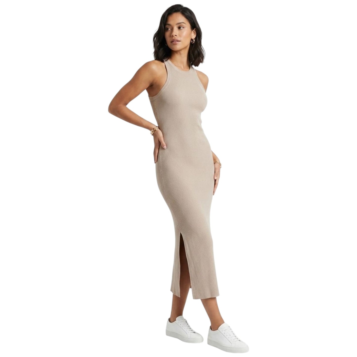 Women's Ribbed Dress,Beige