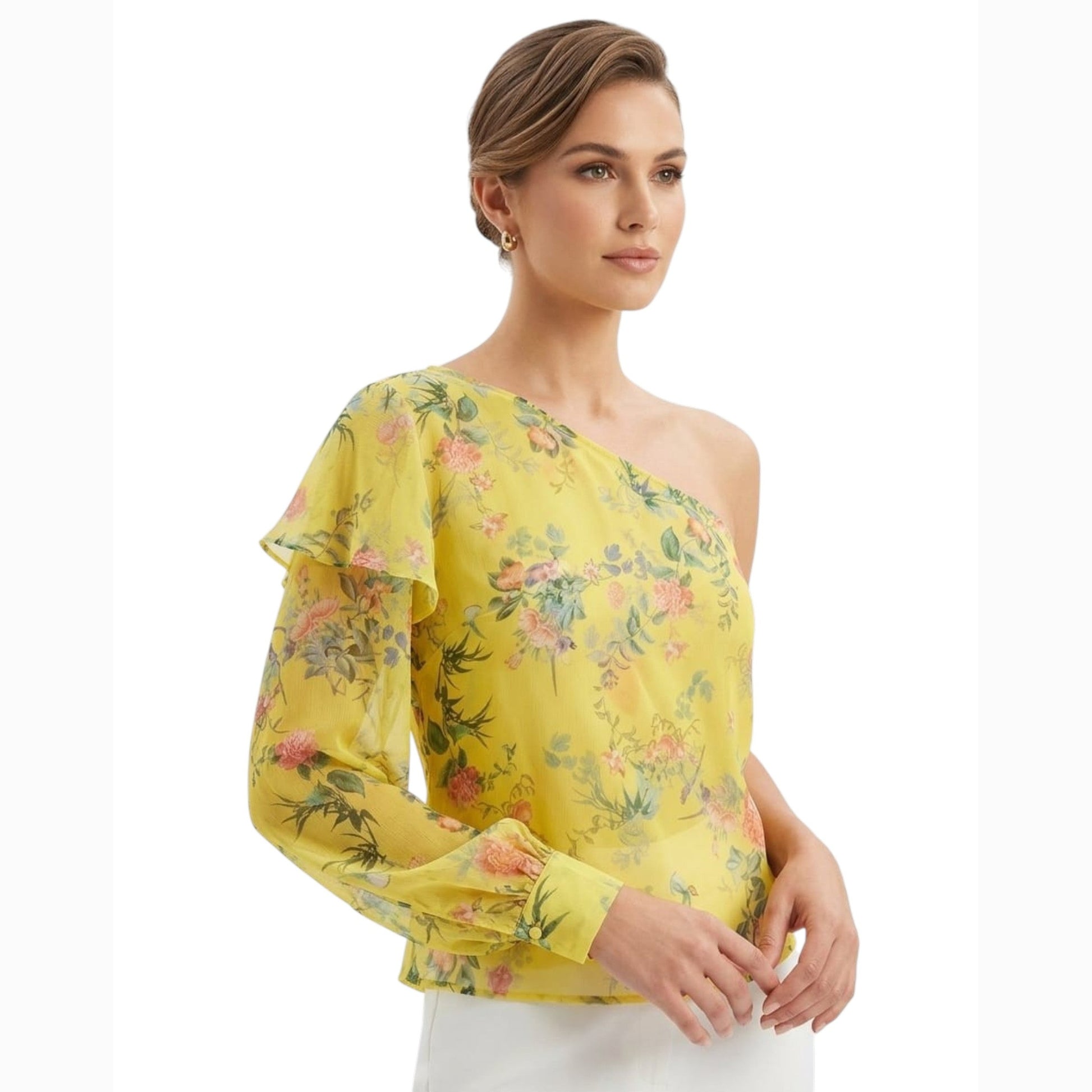 Women's Printed One Off Shoulder Sheer Top,Yellow