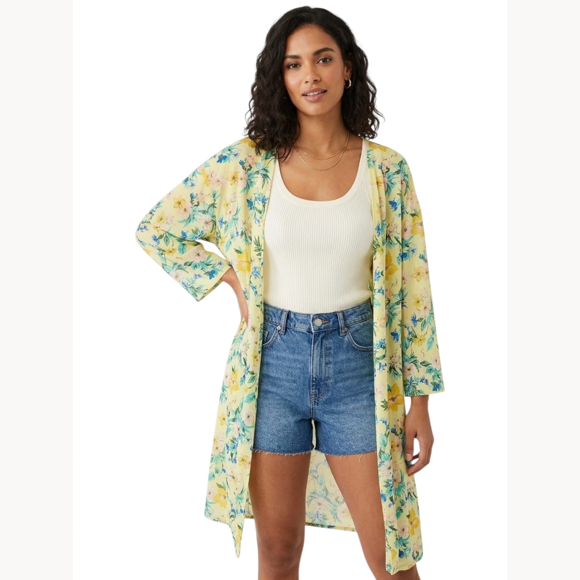 Women's Floral Printed Top Cardigsn,Yellow