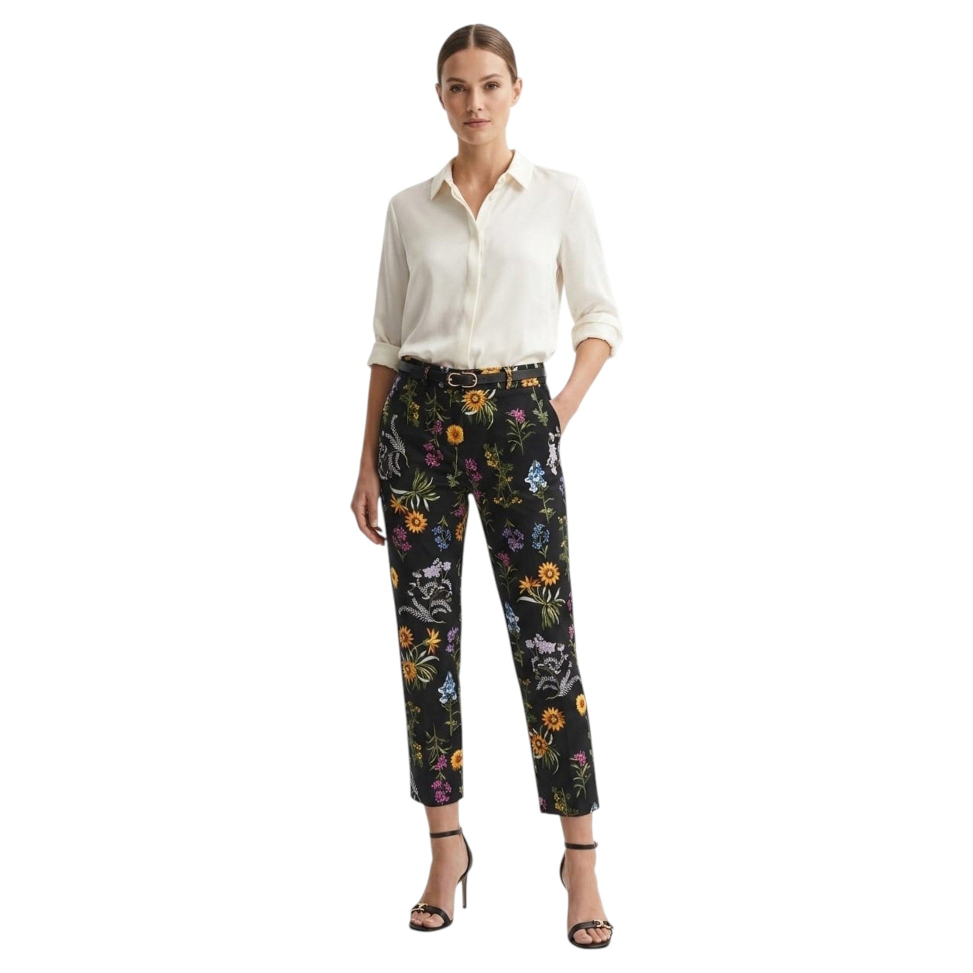 Women's Floral Printed Pant&Belt,Black