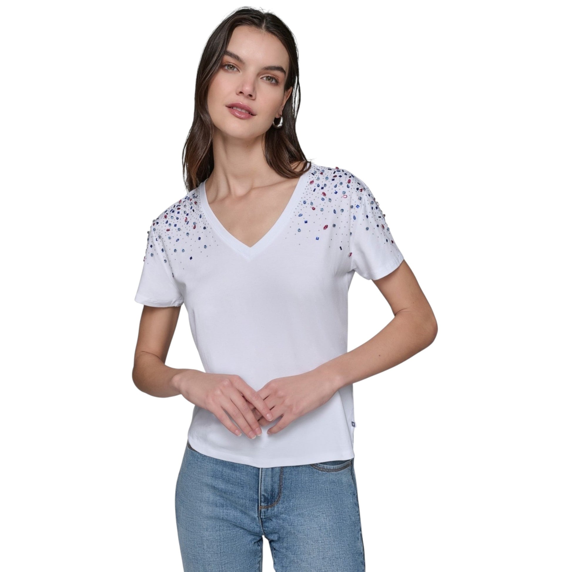 Women's Colorfull Rhinestones Plain Top,White