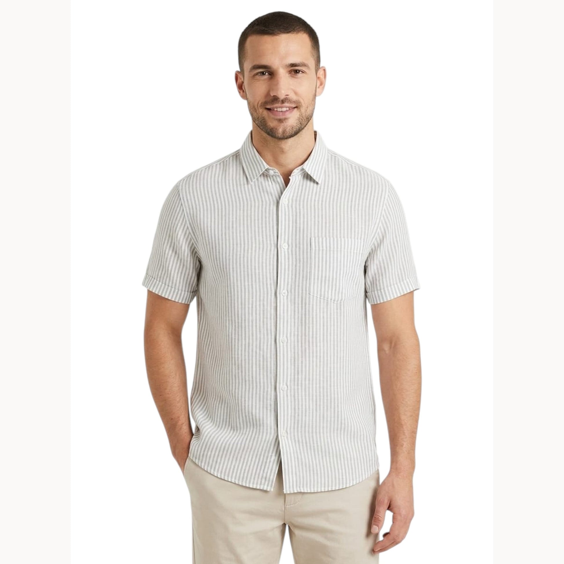 Men's White Striped Dress Shirt,Dusty Olive