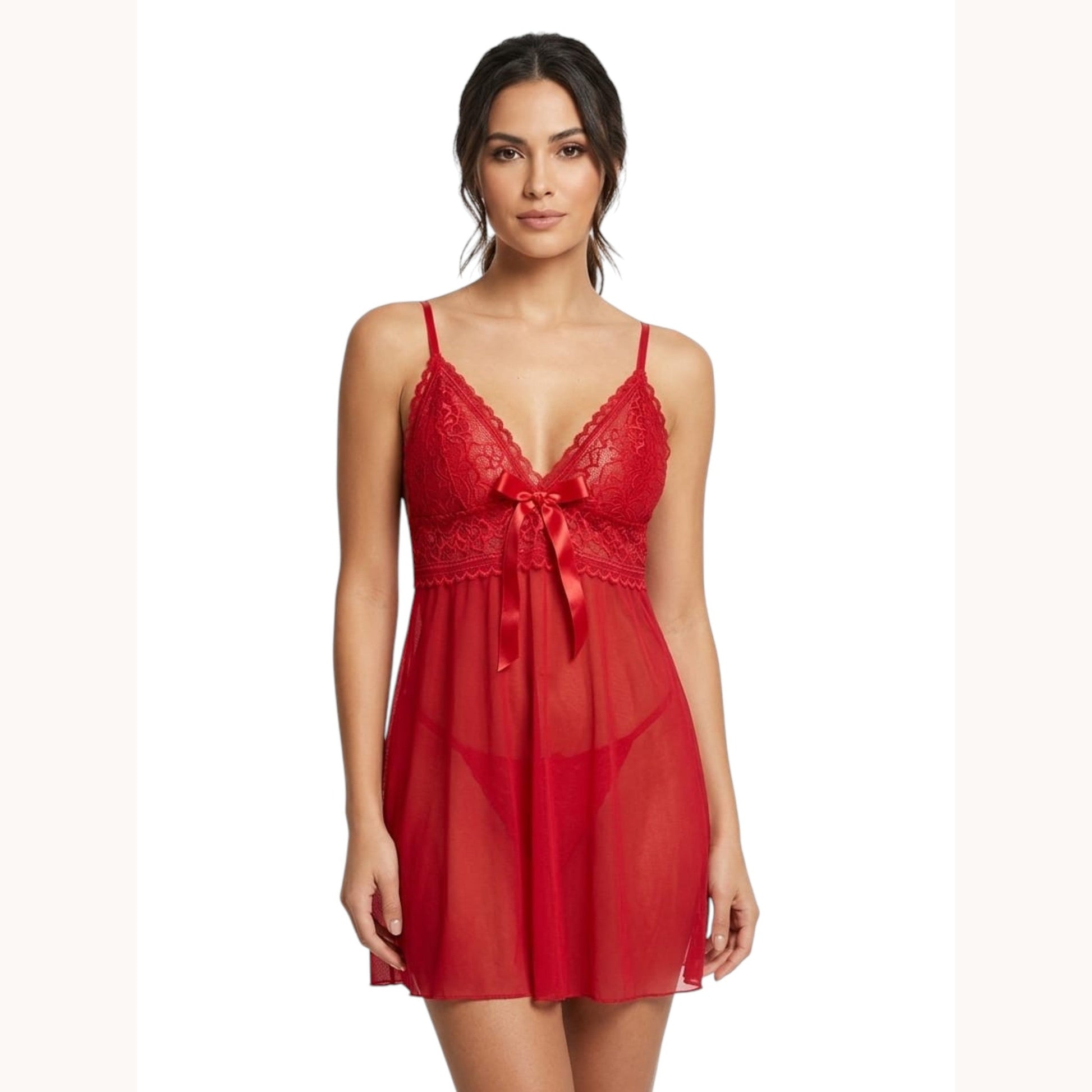 Women's Mesh Sheer Sleepwear Robe & String,Red