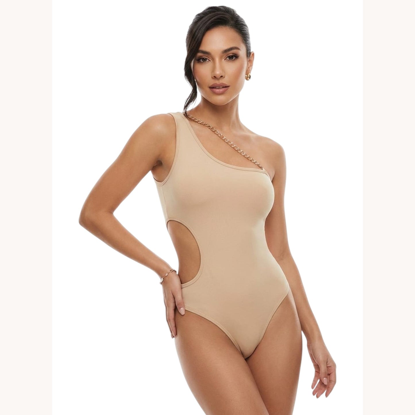 Women's Plain Open Side One Piece Swimsuit,Beige