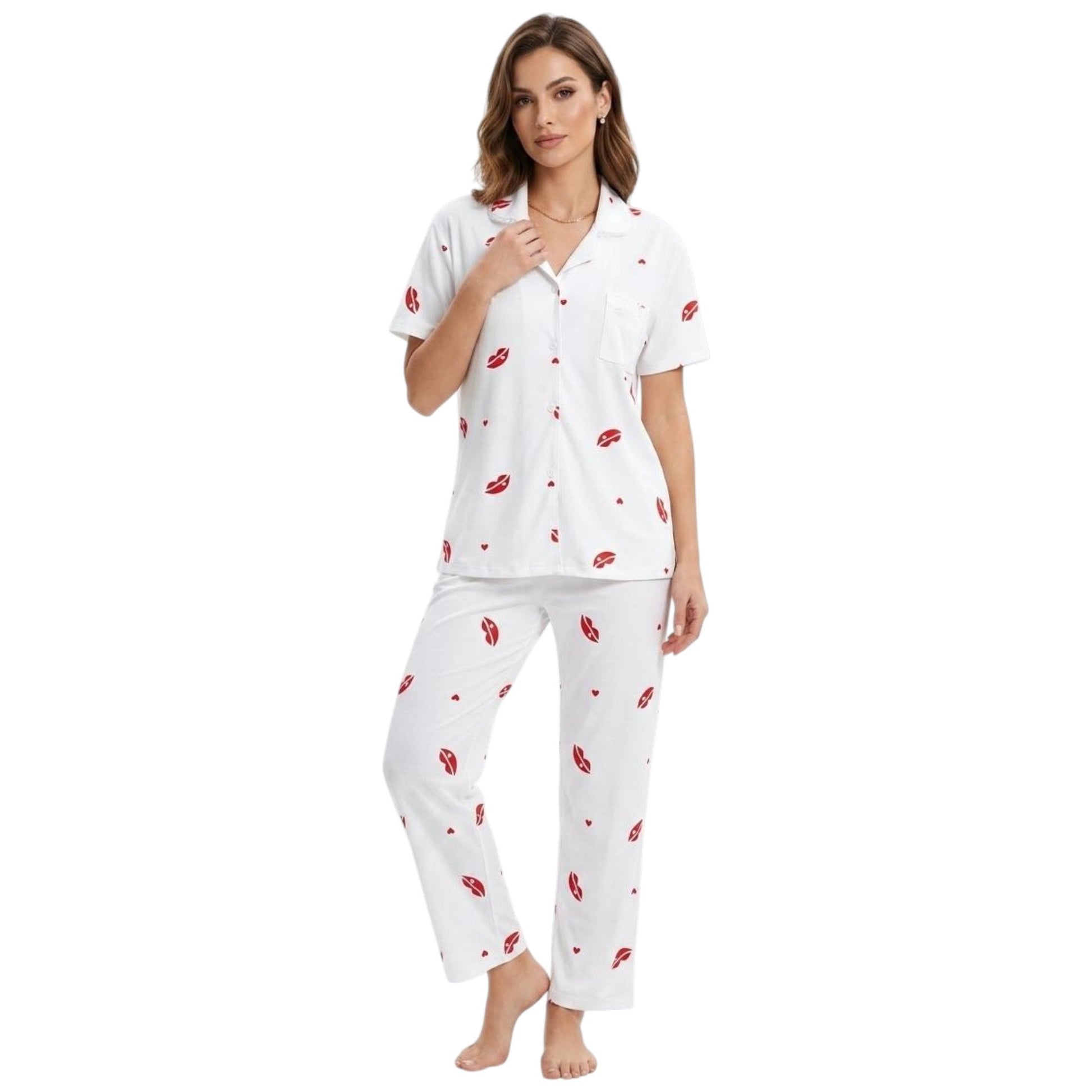 Women's Red Printed Pajama Set,White