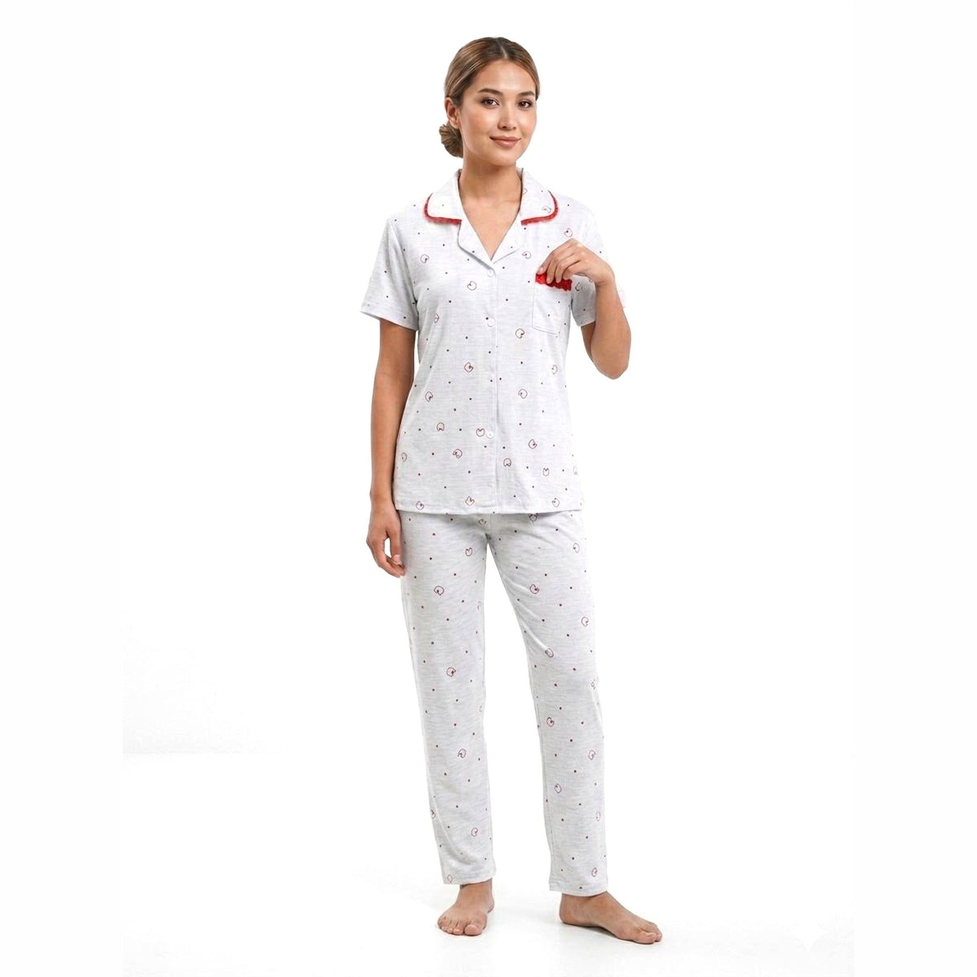Women's Red Printed Sleepwear Set,Light Grey