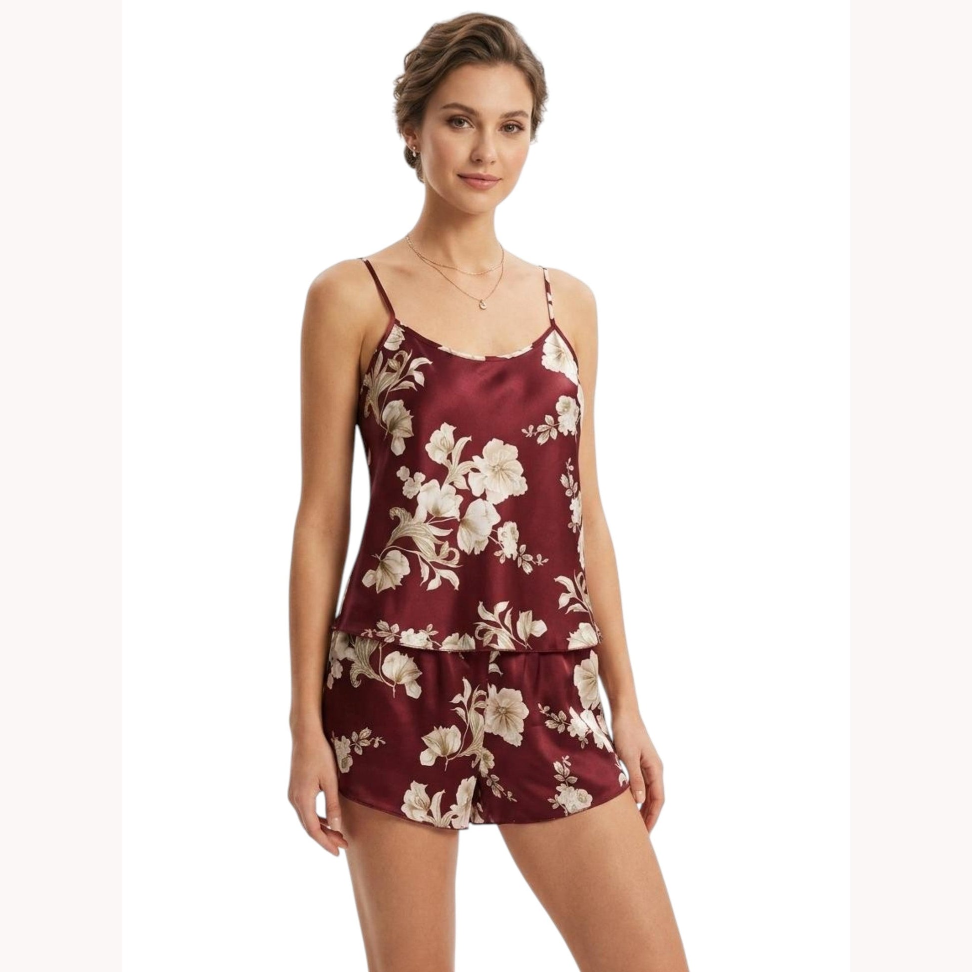 Women's Floral Printed Sleepwear Set,Burgundy