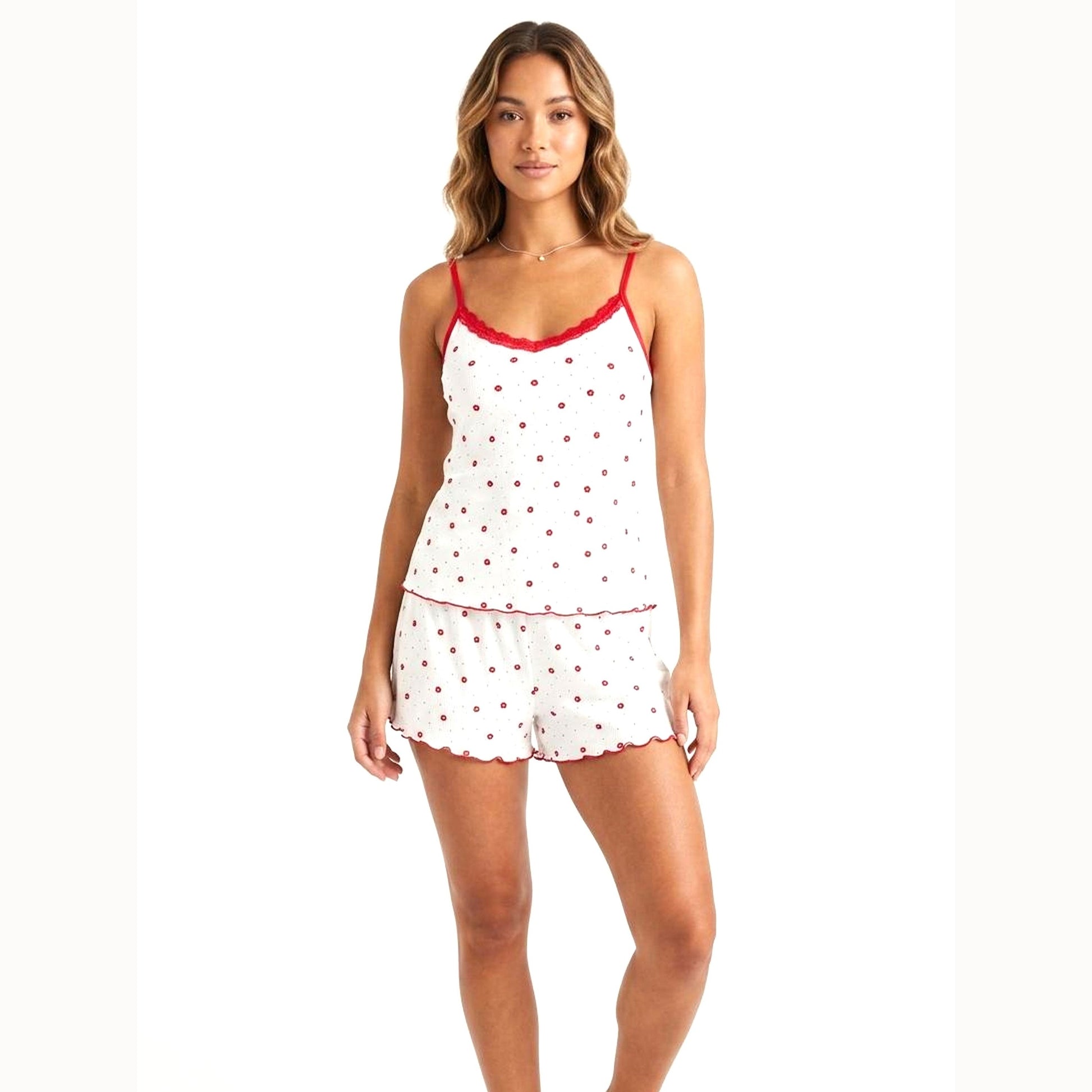 Women's Red Printed Sleepwear Set,White