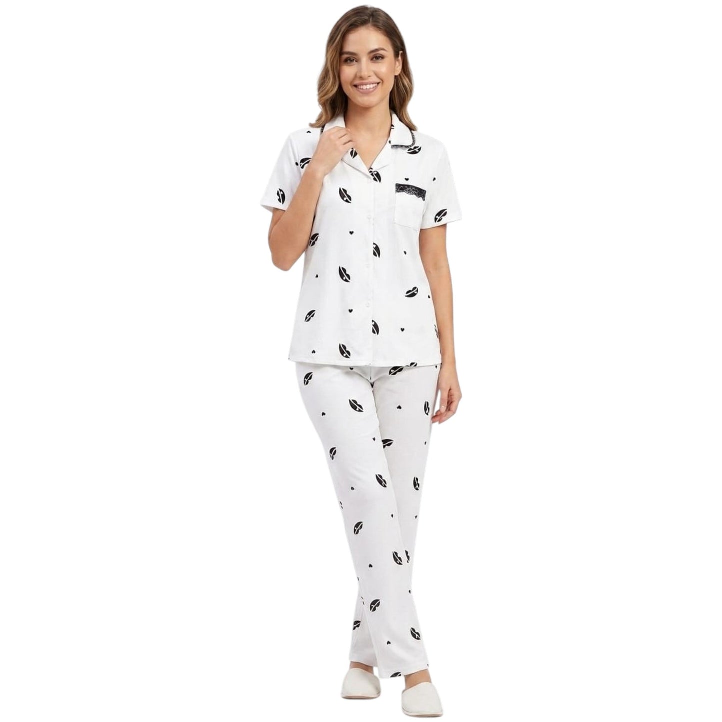 Women's Printed Pajama Set,White