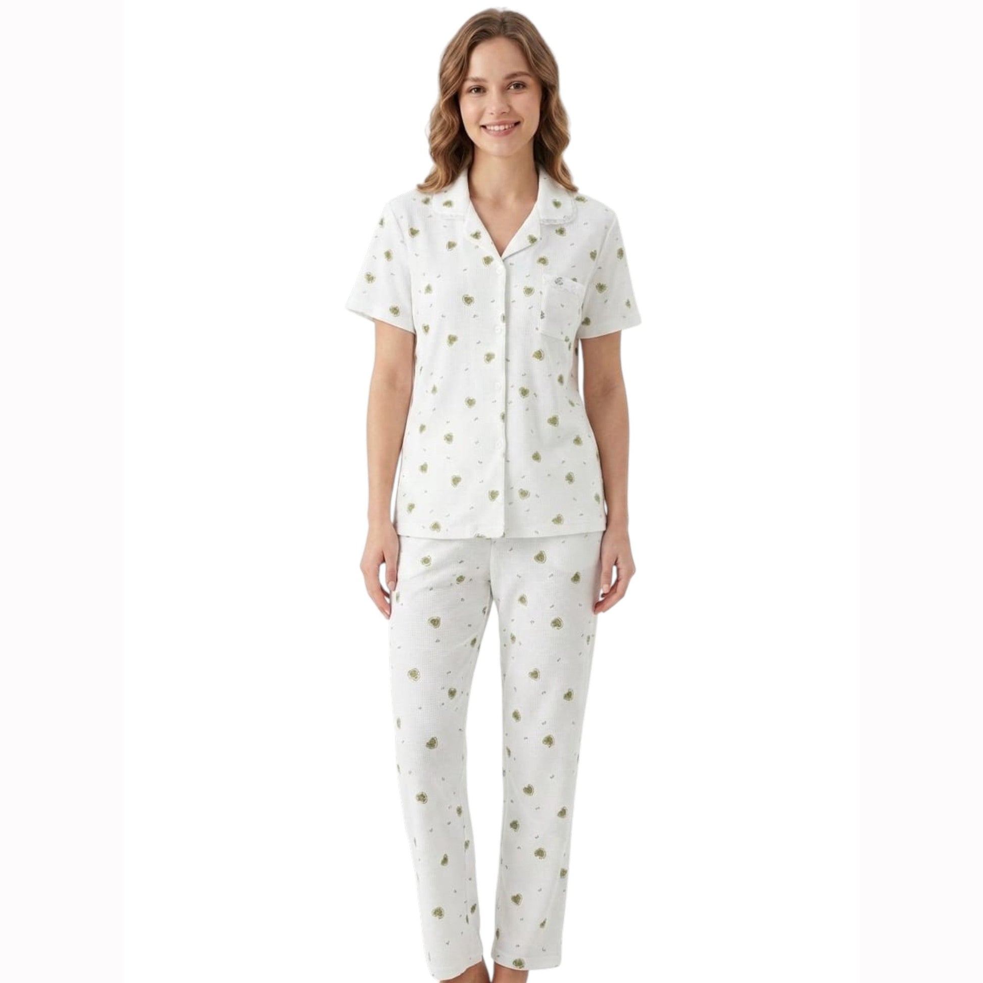 Women's Olive Printed Sleepwear Set,White