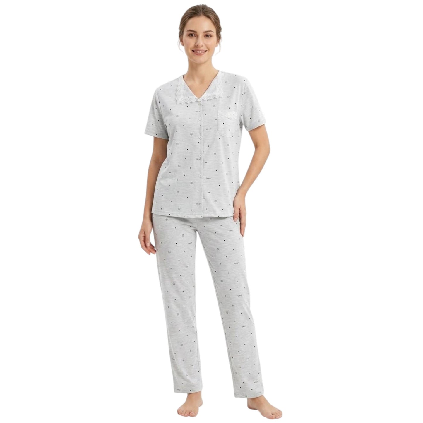 Women's Printed Pajama Set,Light Grey