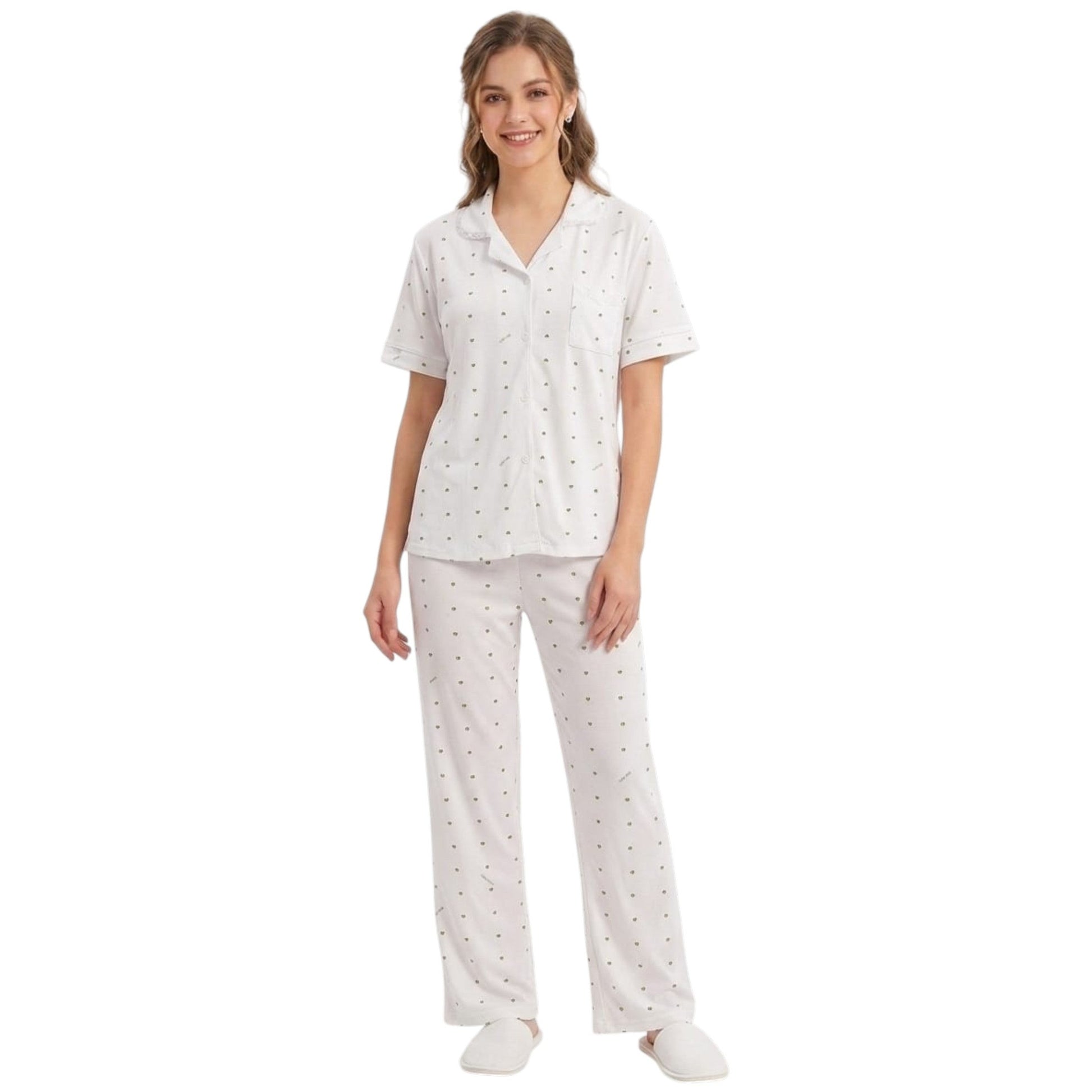 Women's Olive Heart Printed Sleepwear Set,White