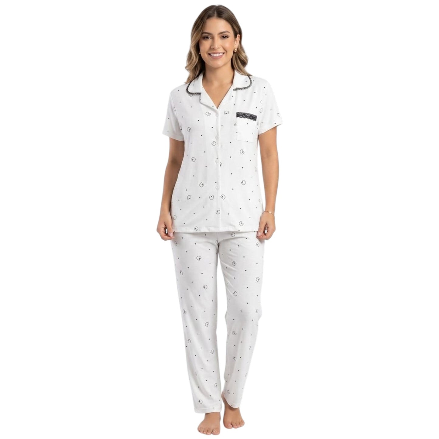 Women's Printed Pajama Set,White