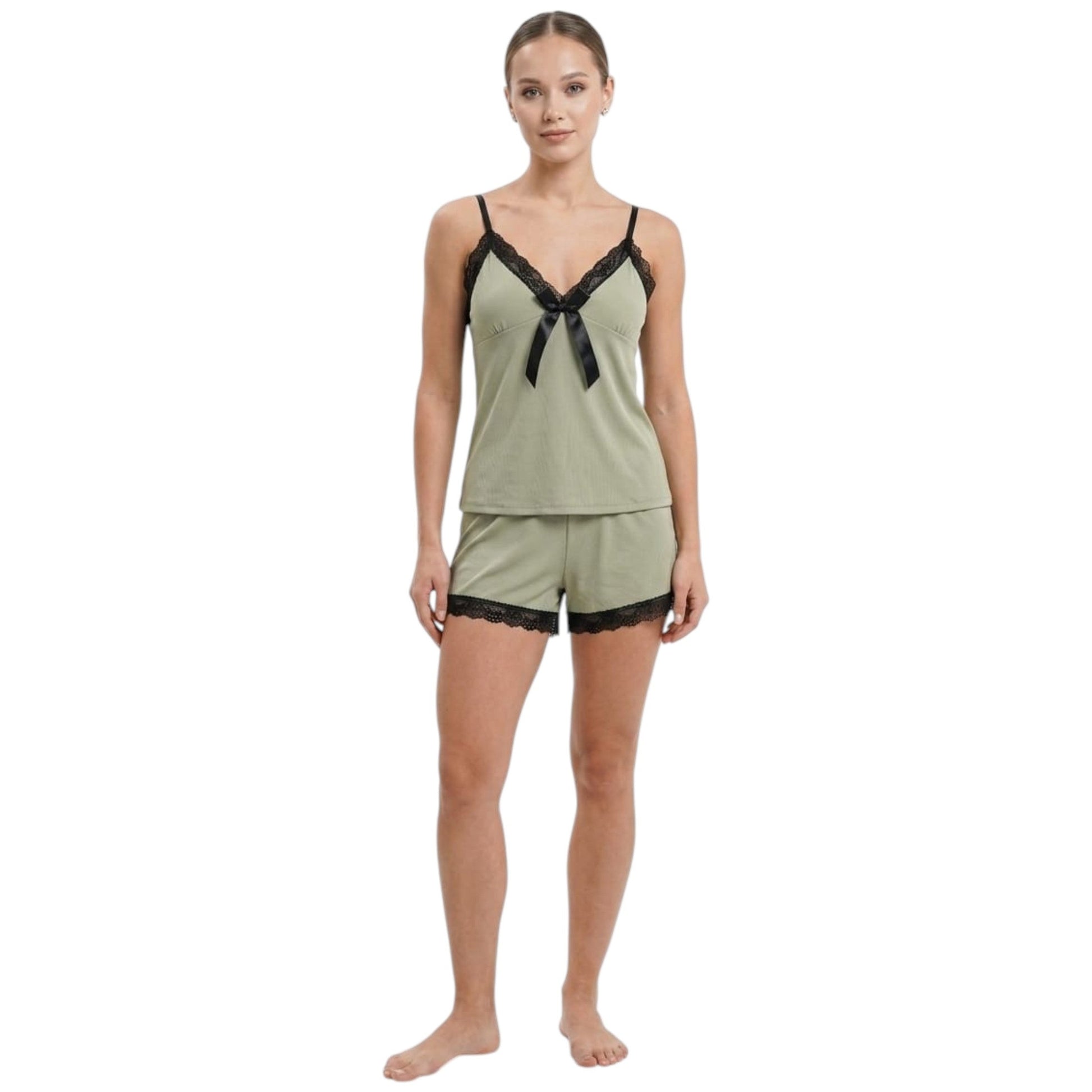 Women's Ribbed Lace Sleepwear Set,Dusty Mint