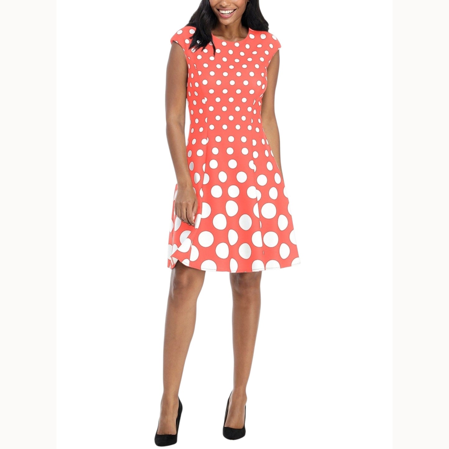 Women's White Dotted Dress,Coral