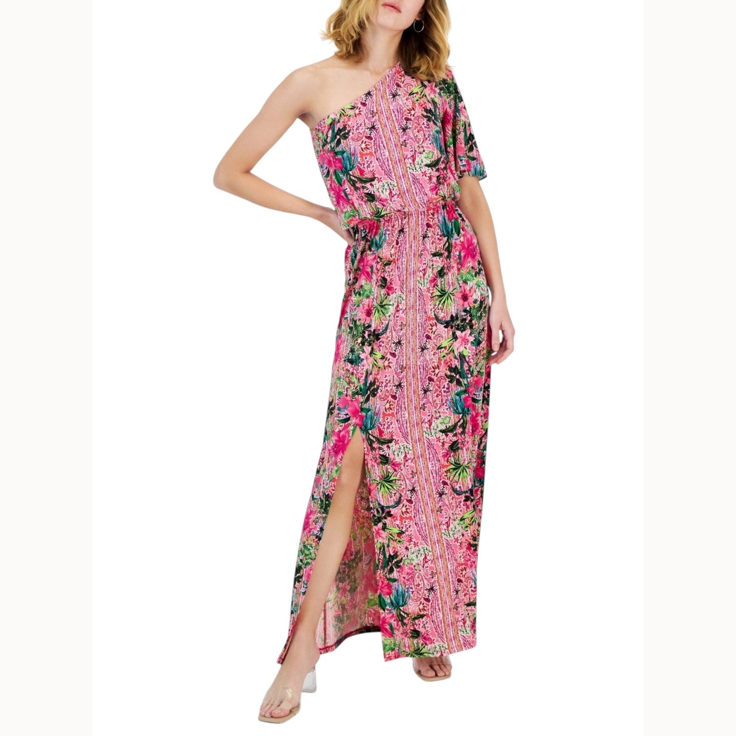 Women's Printed One Off Shoulders Dress,Pink