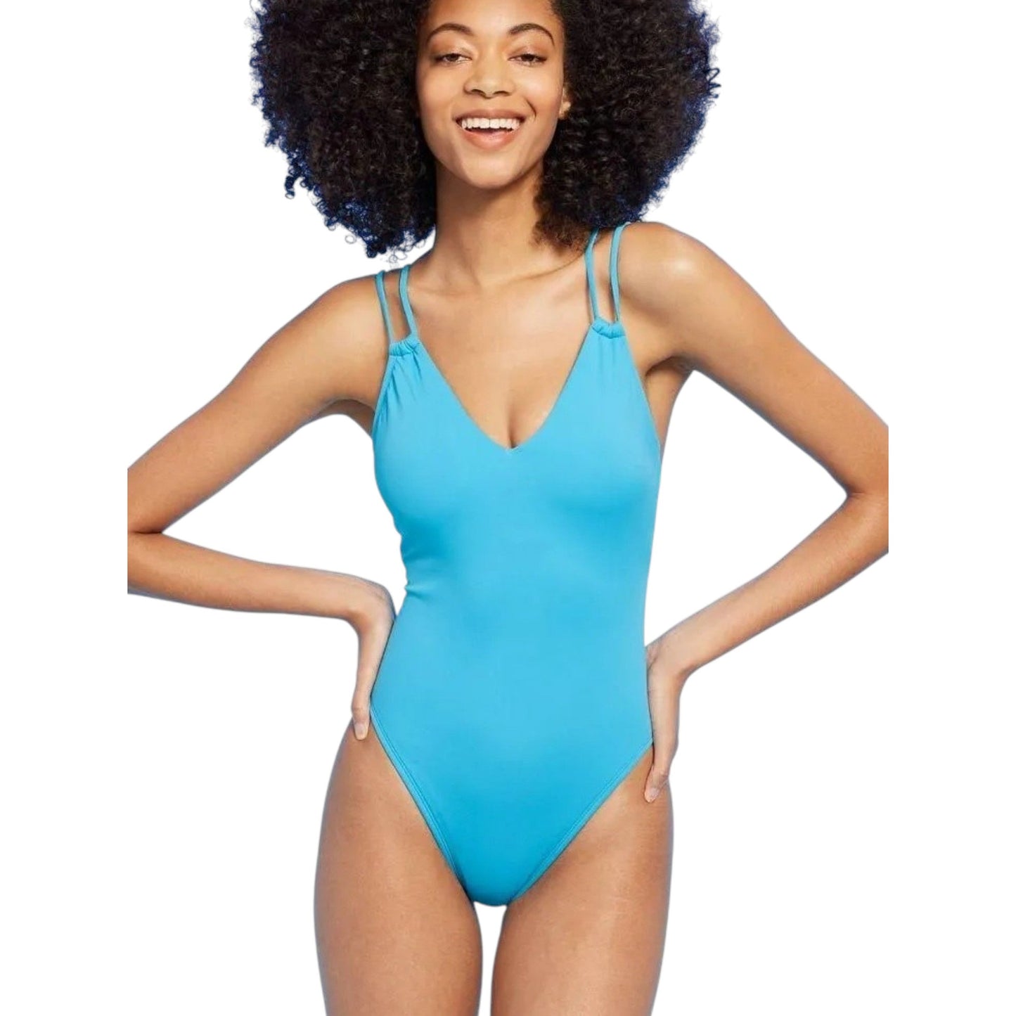 Women's Plain Lace Up Tie Back One Piece Swimsuit,Blue