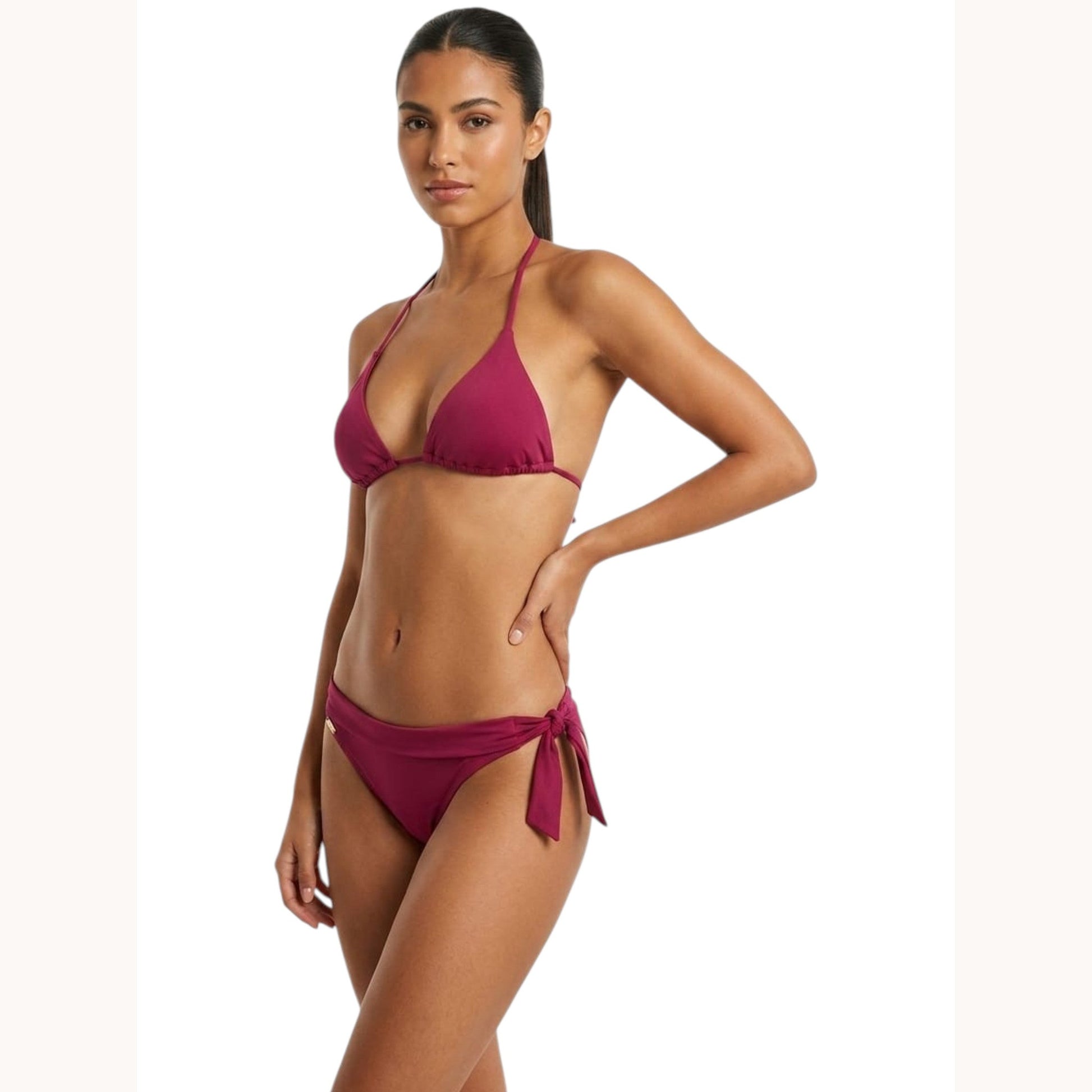 Women's One Side-Tie Plain Bikini Bottom,Burgundy