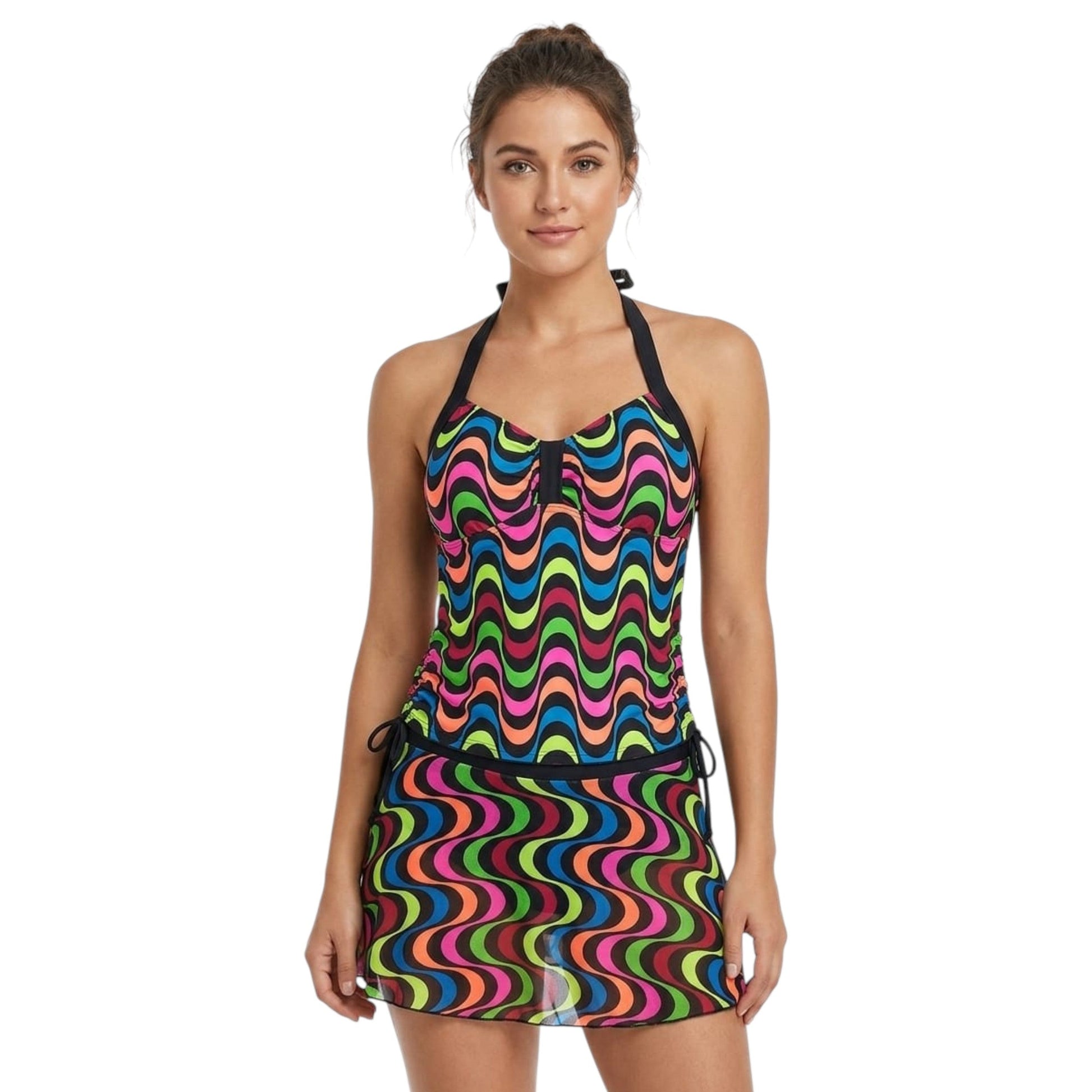 Women's Wavy Striped Set Two Pieces Tankini Top,Black