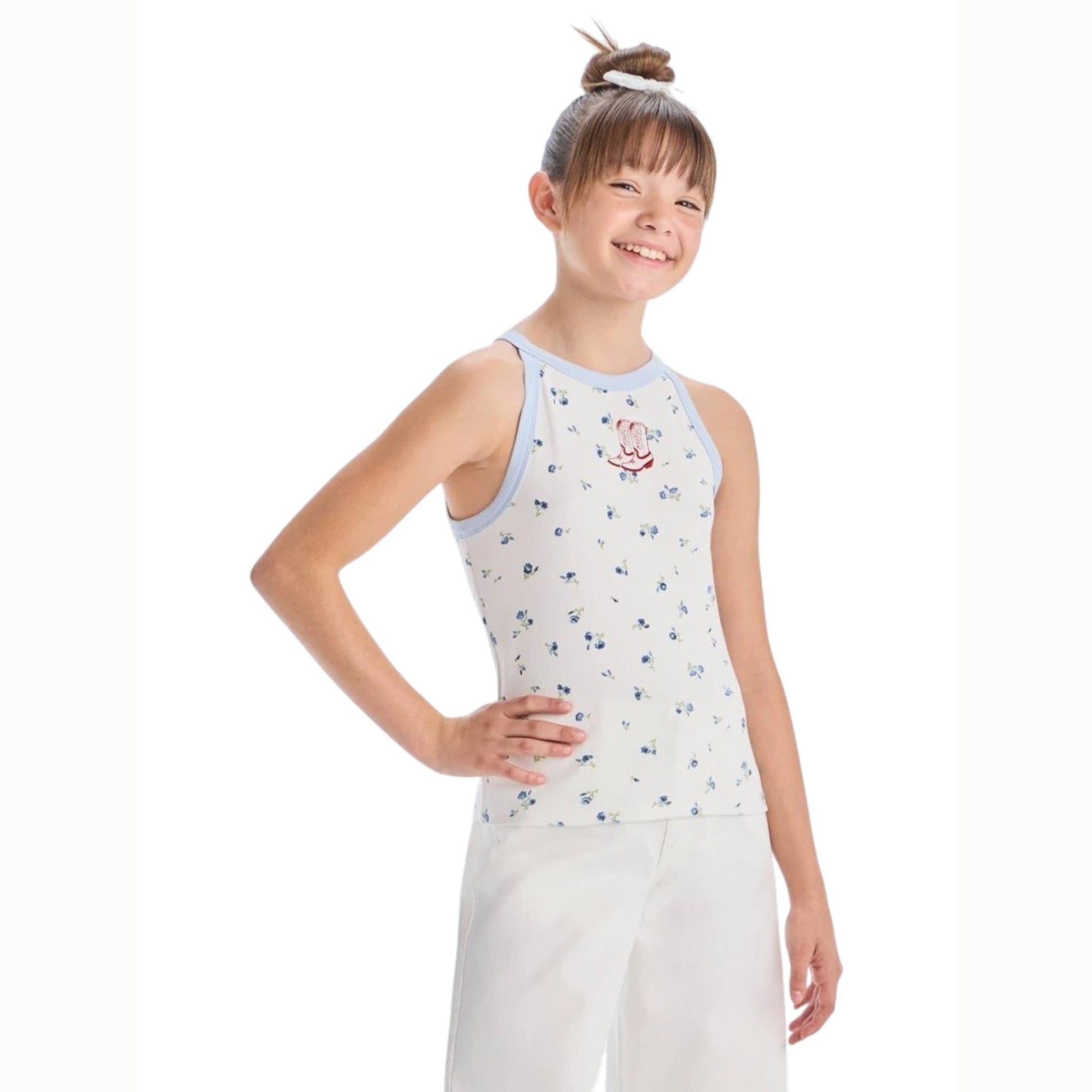Kids Girl's Floral Printed Top,White/Blue