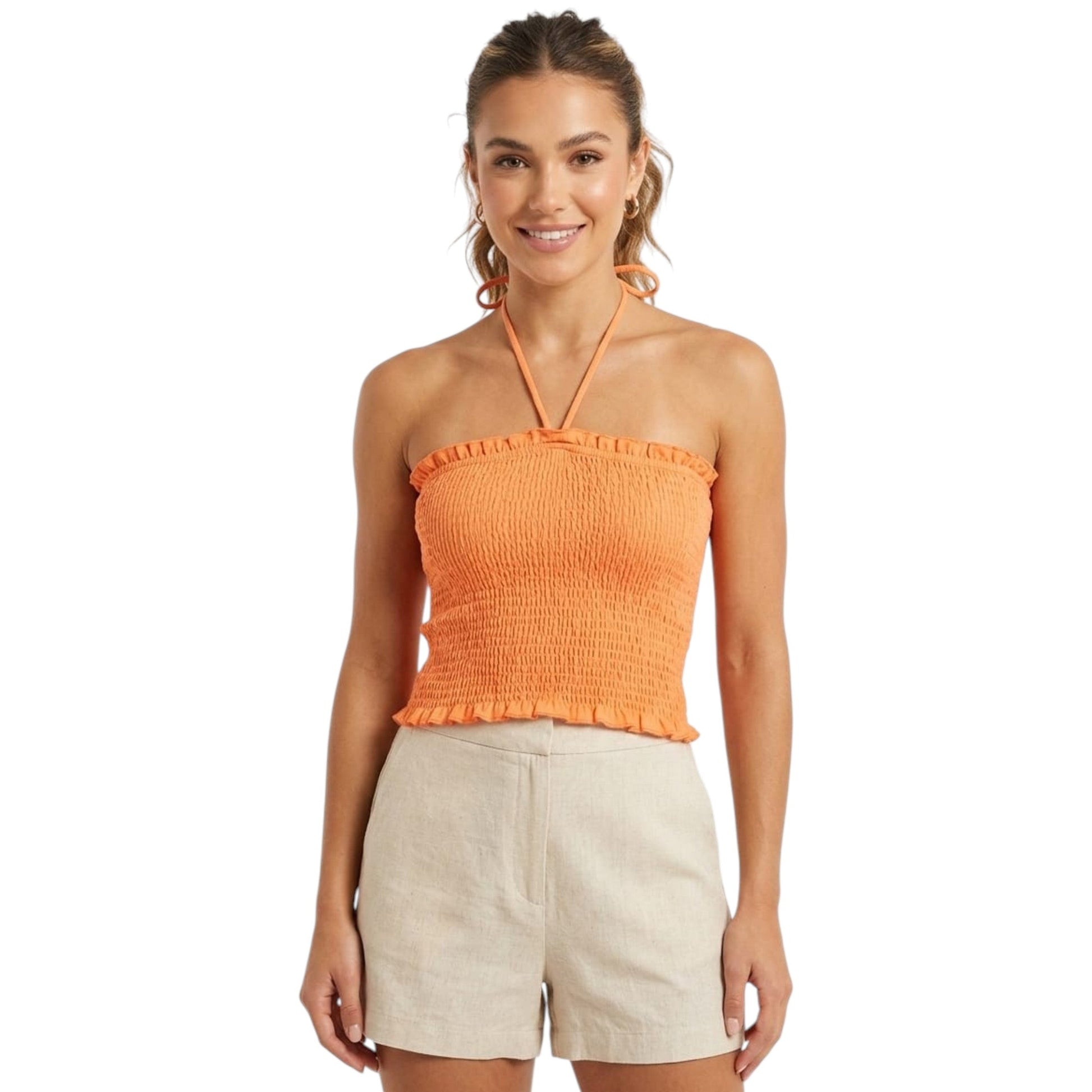 Women's Smocked Off Shoulders Top,Orange