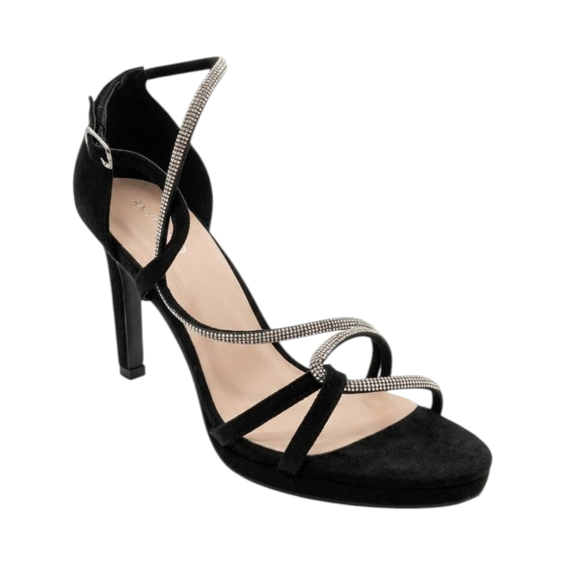 Women's Rhinestones Ribbed Heeled Shoes,Black