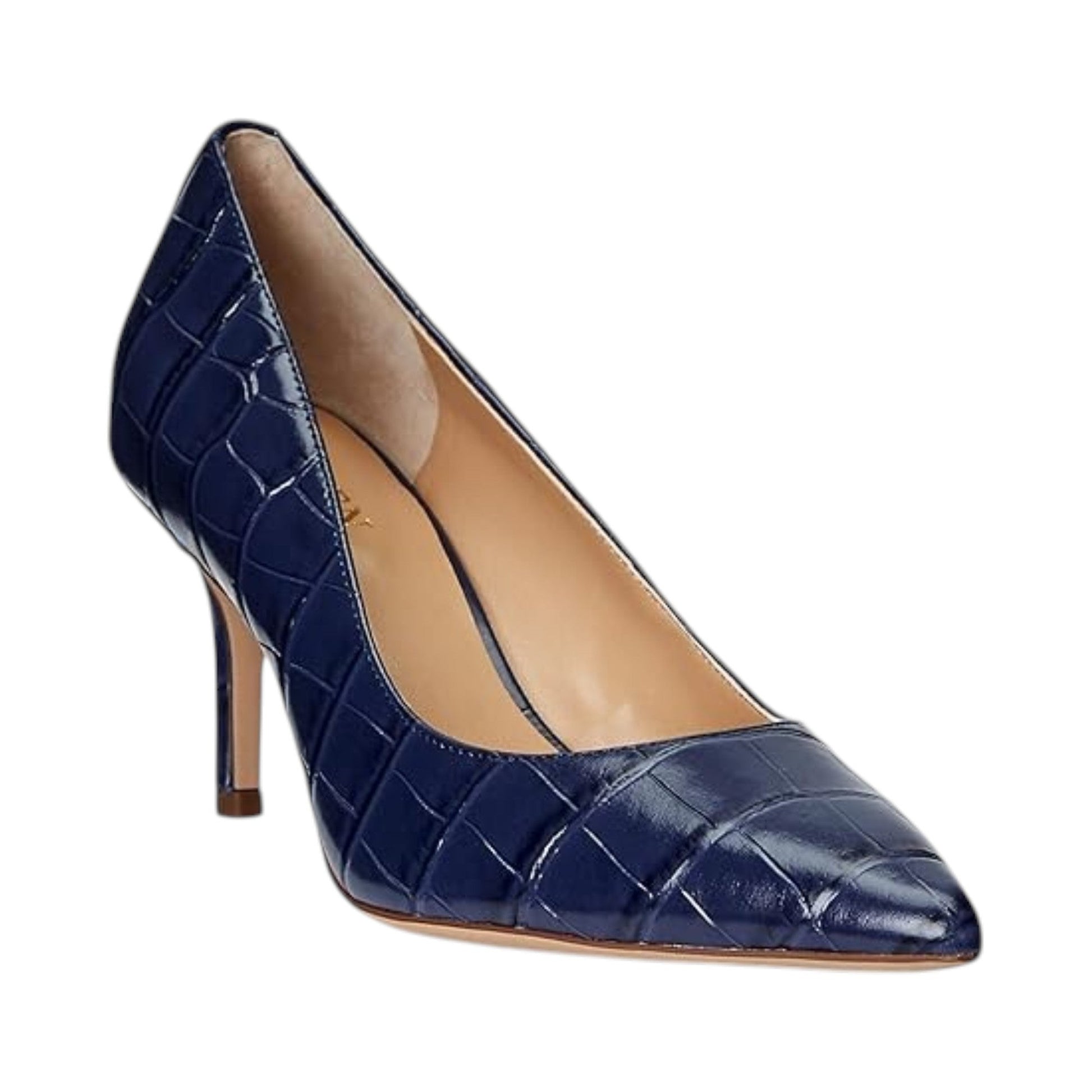 Women's Croc Leather Heeled Shoes,Navy