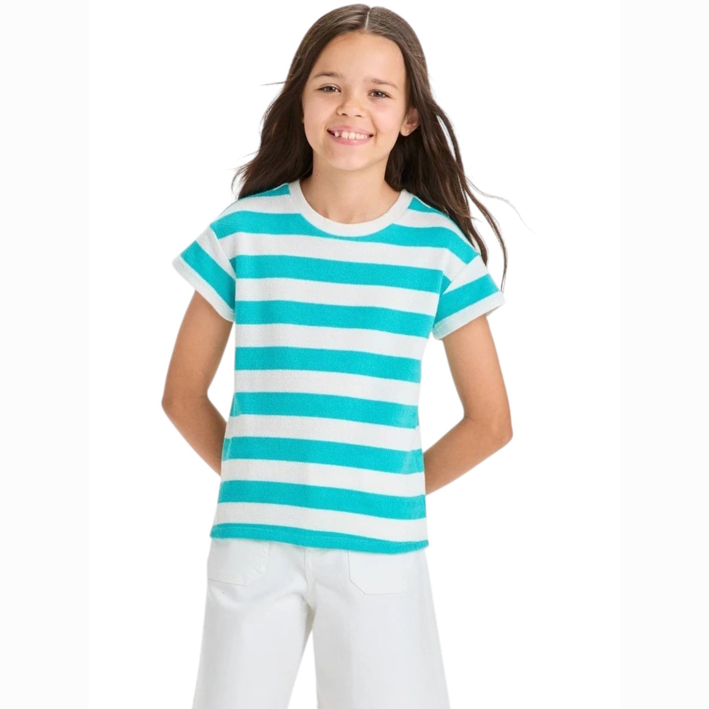 Kids Girl's Stripped Textured Top,Aqua
