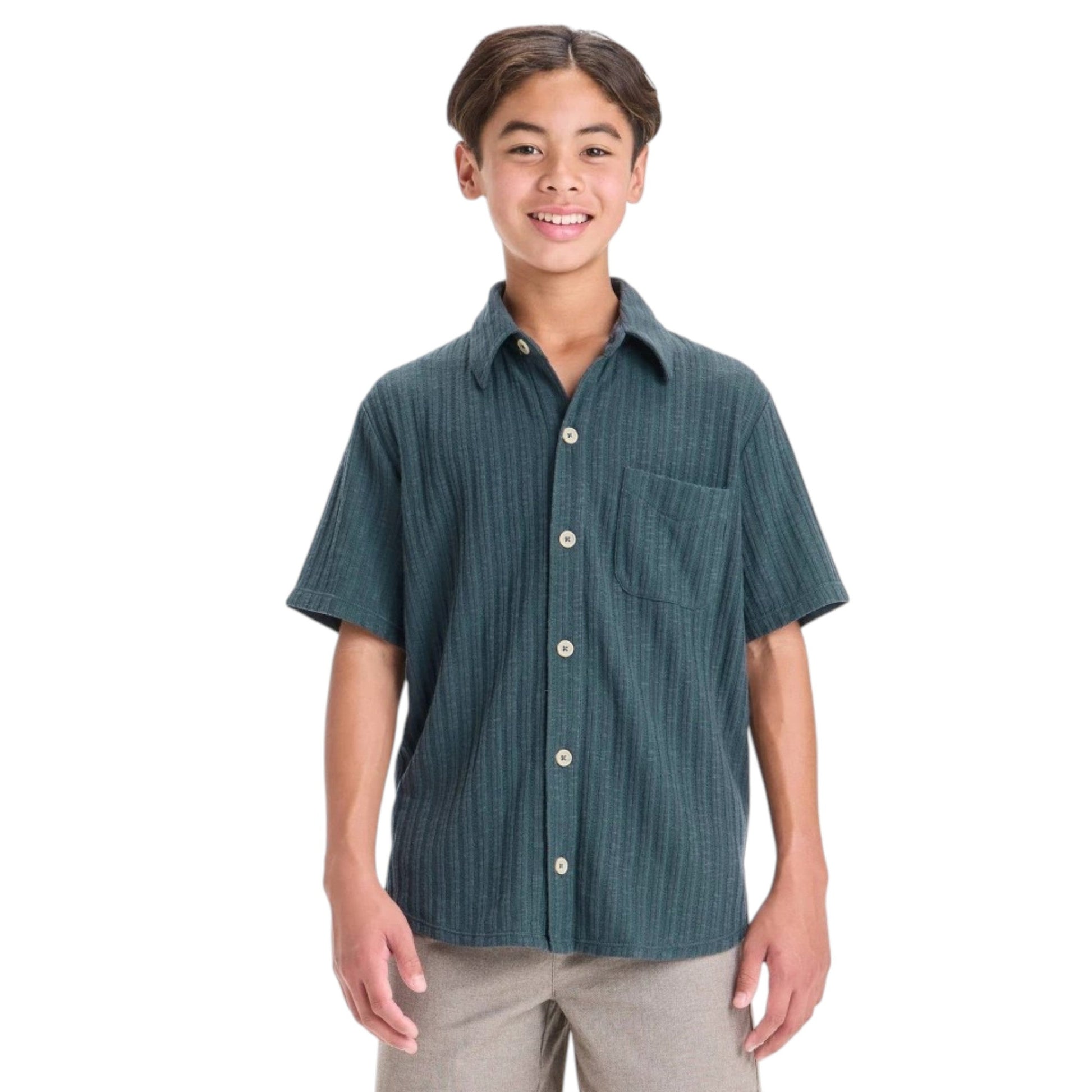 Kids Boy's Ribbed Dress Shiryt,Dark Green