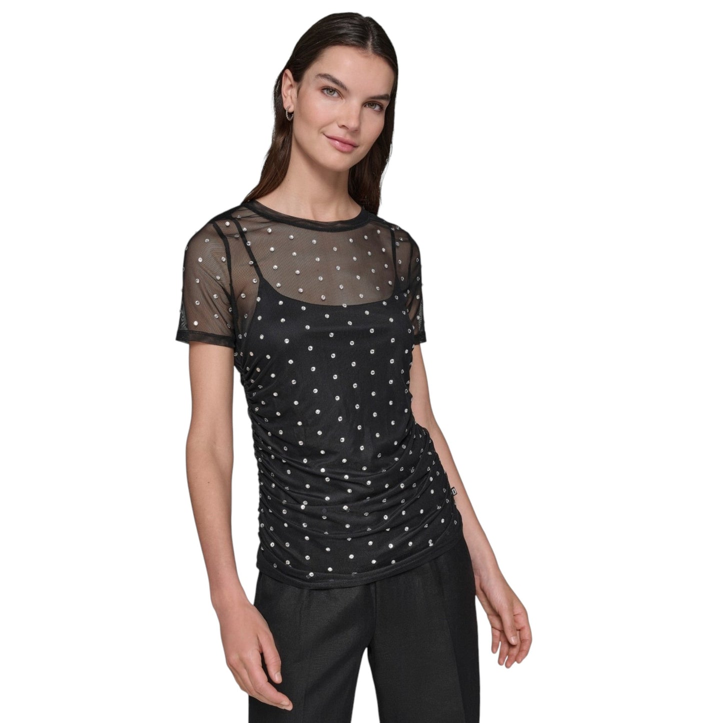 Women's Rhinestones Sheer Top&Lined,Black