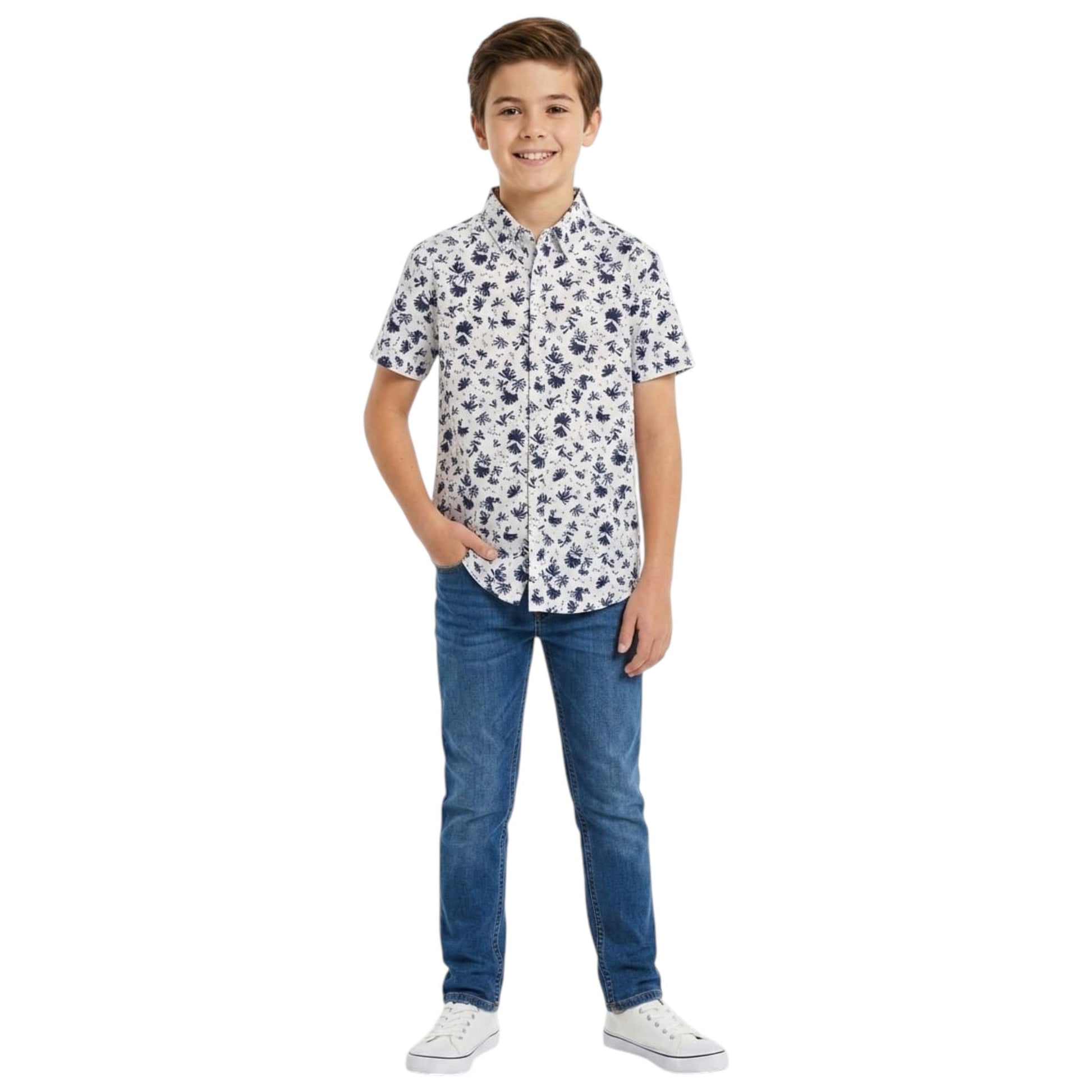 Kids Boy's Printed Dress Shirt,White/Navy
