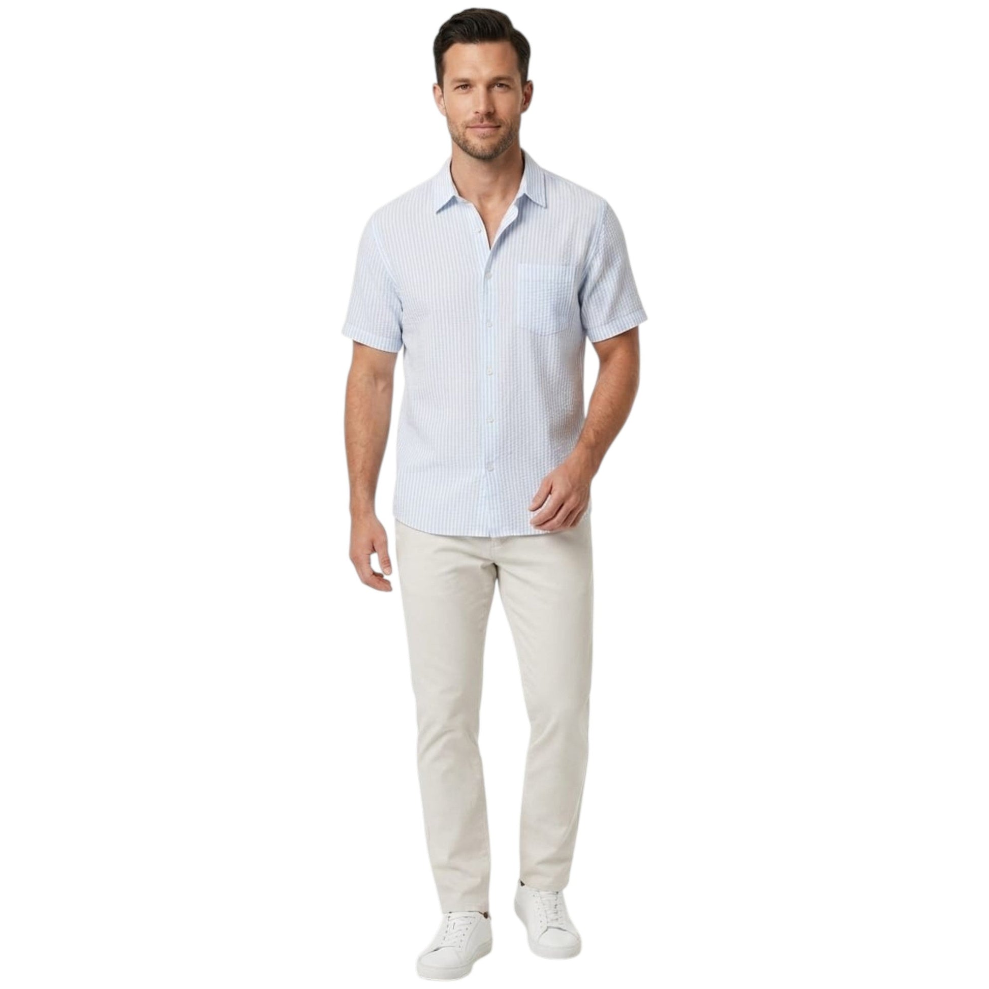 Men's White Stripped Dress Shirt,Light Blue