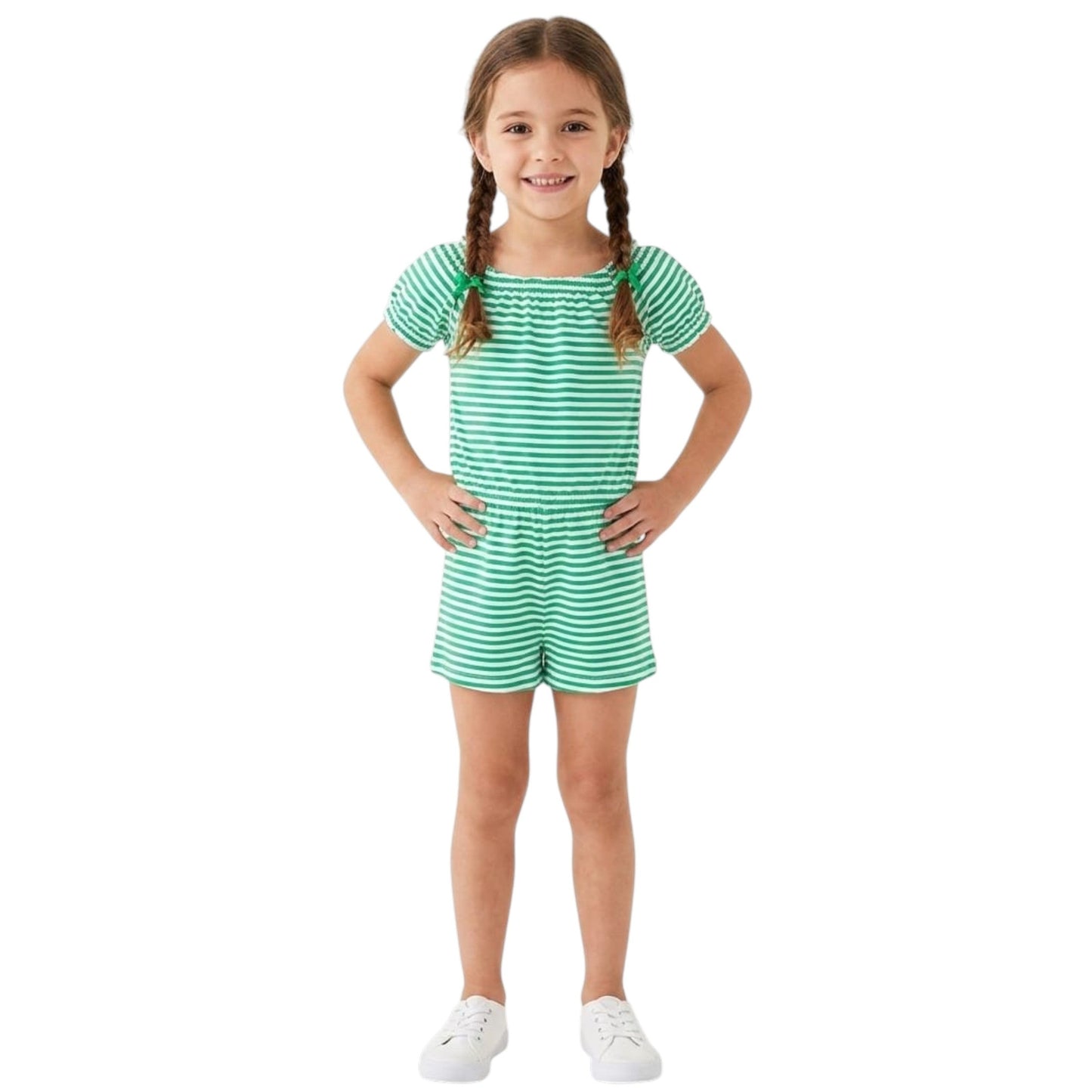 Kids Girl's White Stripped Jumpsuit,Green
