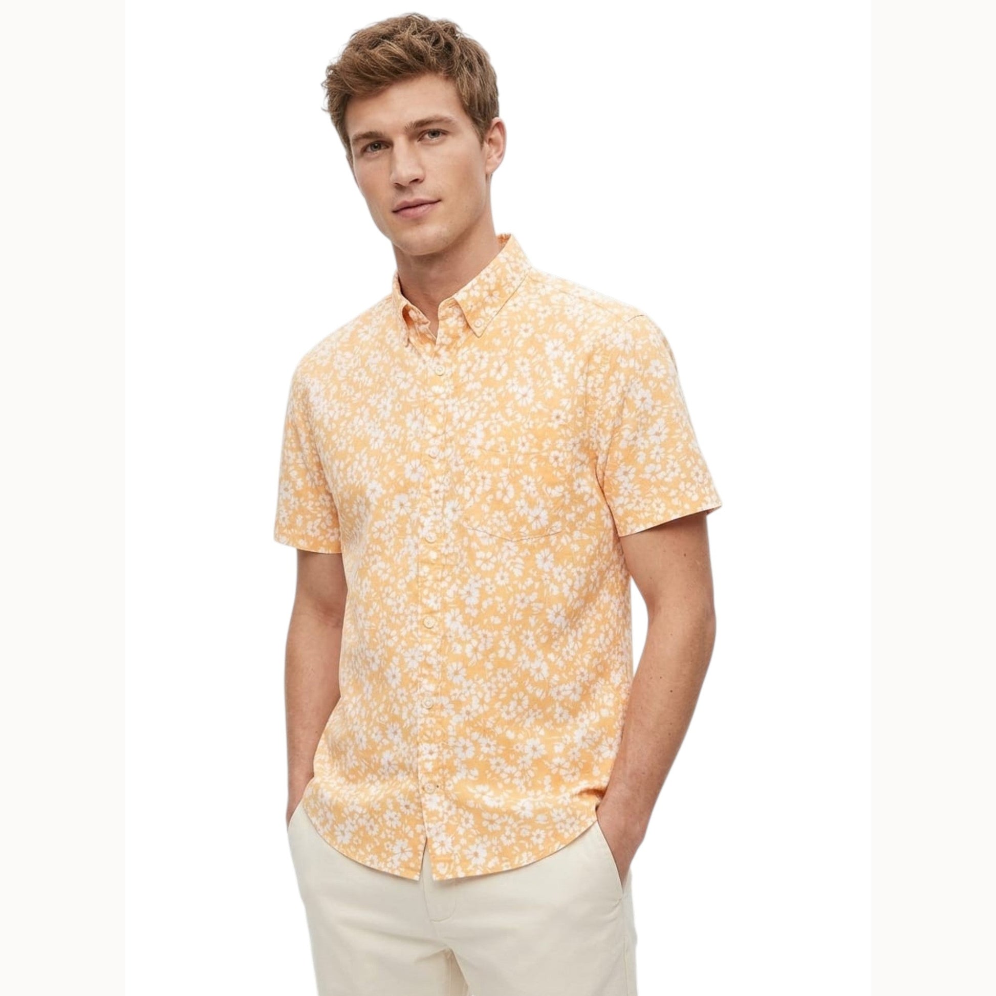 Men's Floral Printed Dress Shirt,Orange