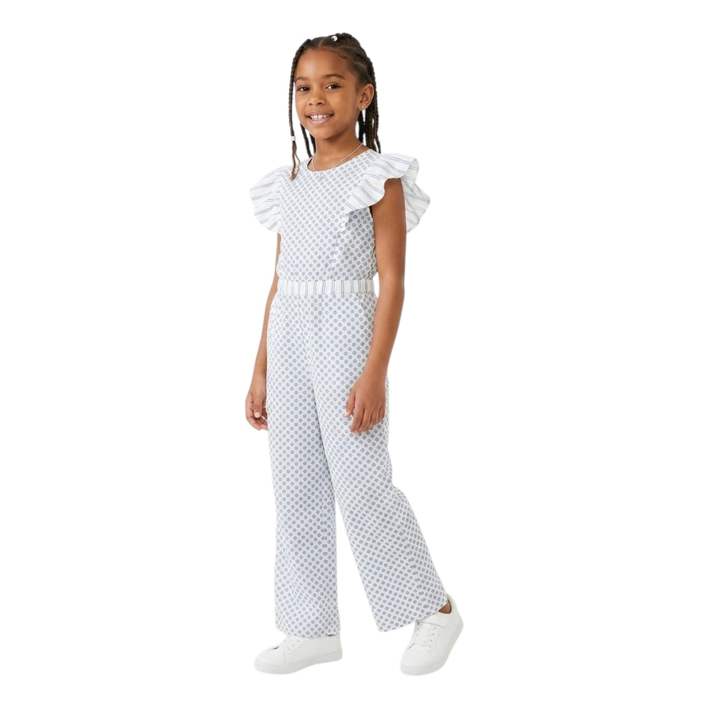Kids Girl's Printed Jumpsuit Open Back,White/Navy