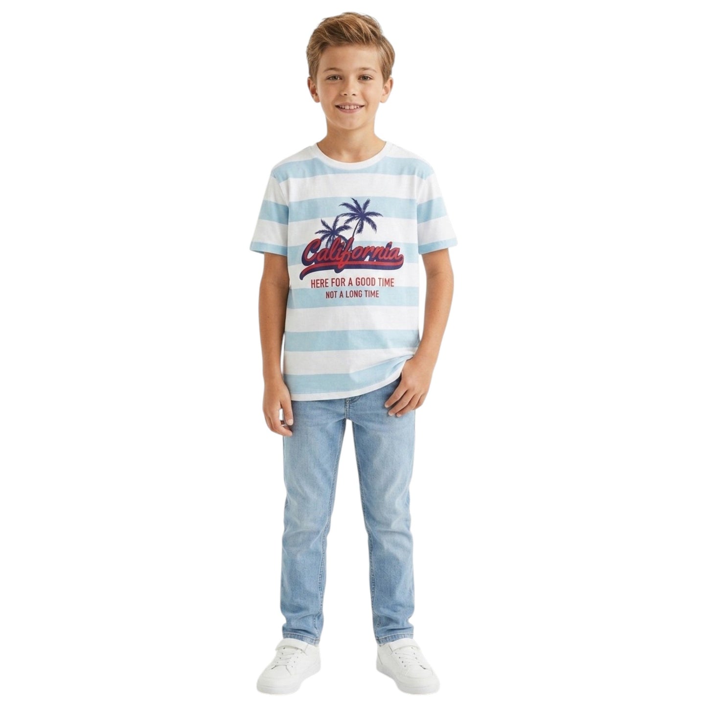 Kids Boy's White Stripped Top,Dusty Blue