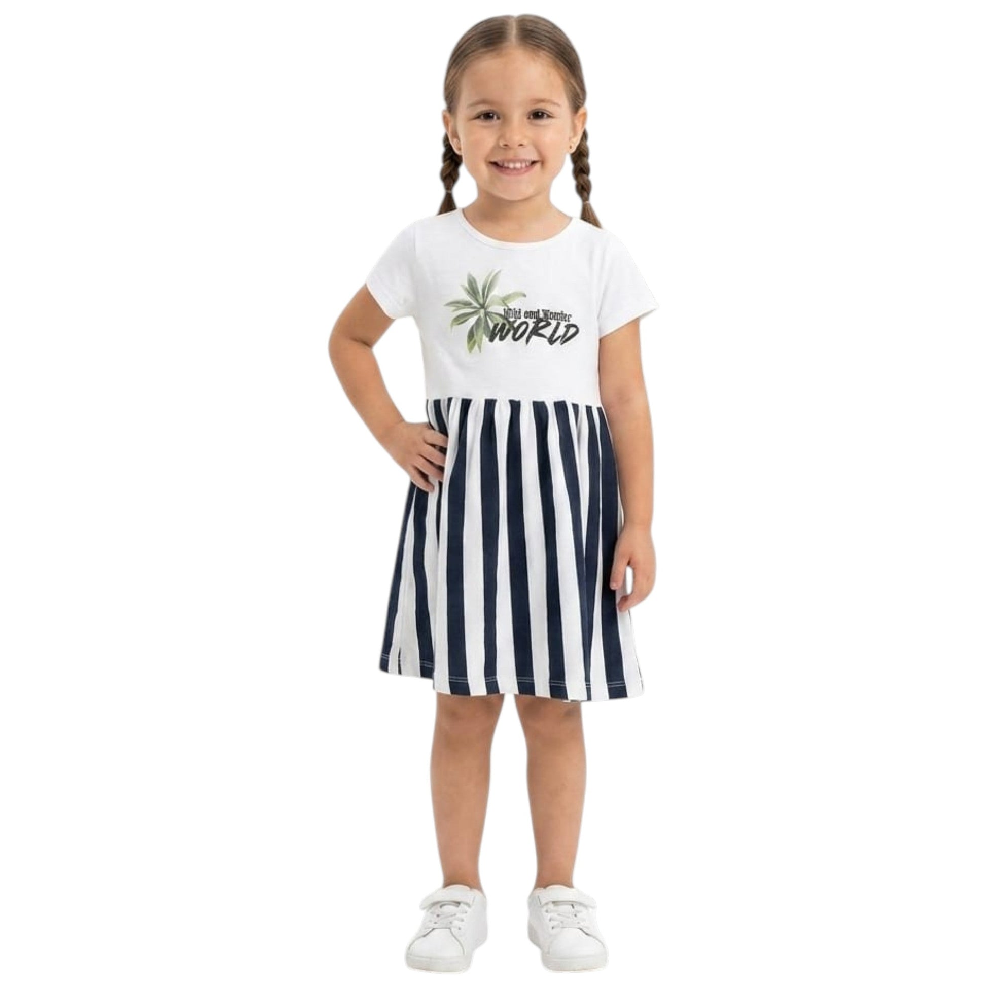 Kids Girl's Printed Dress,White/Navy