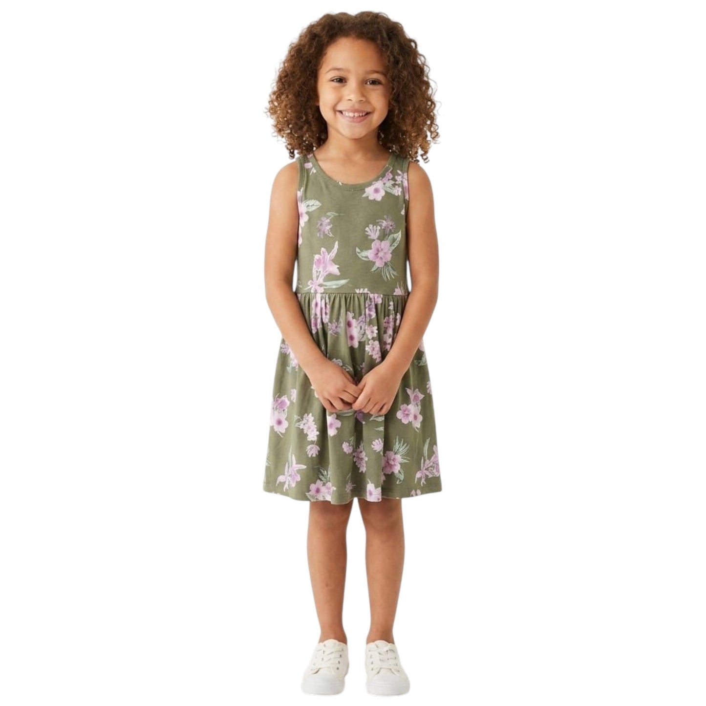 Kids Girl's Floral Printed Dress,Olive