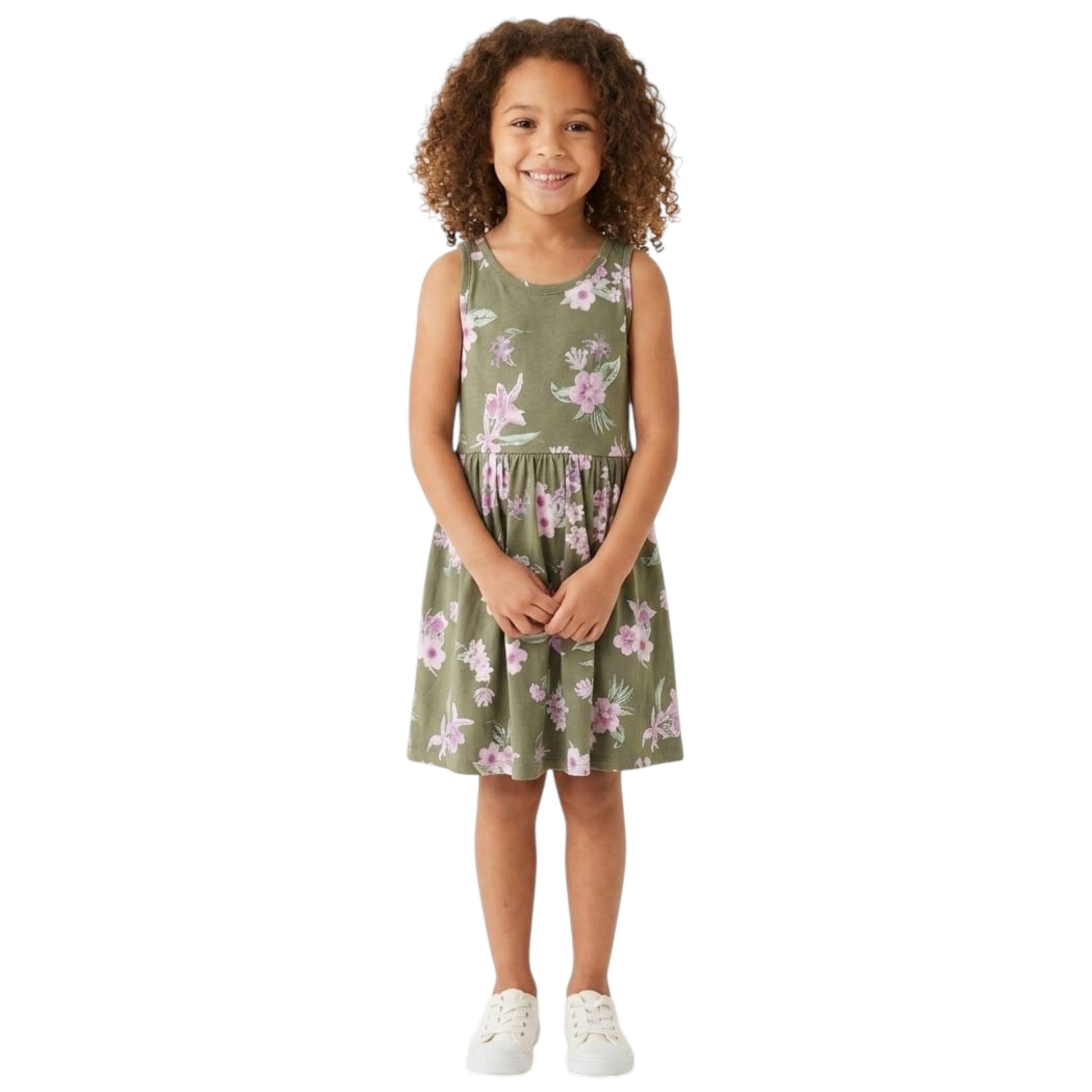 Kids Girl's Floral Printed Dress,Olive