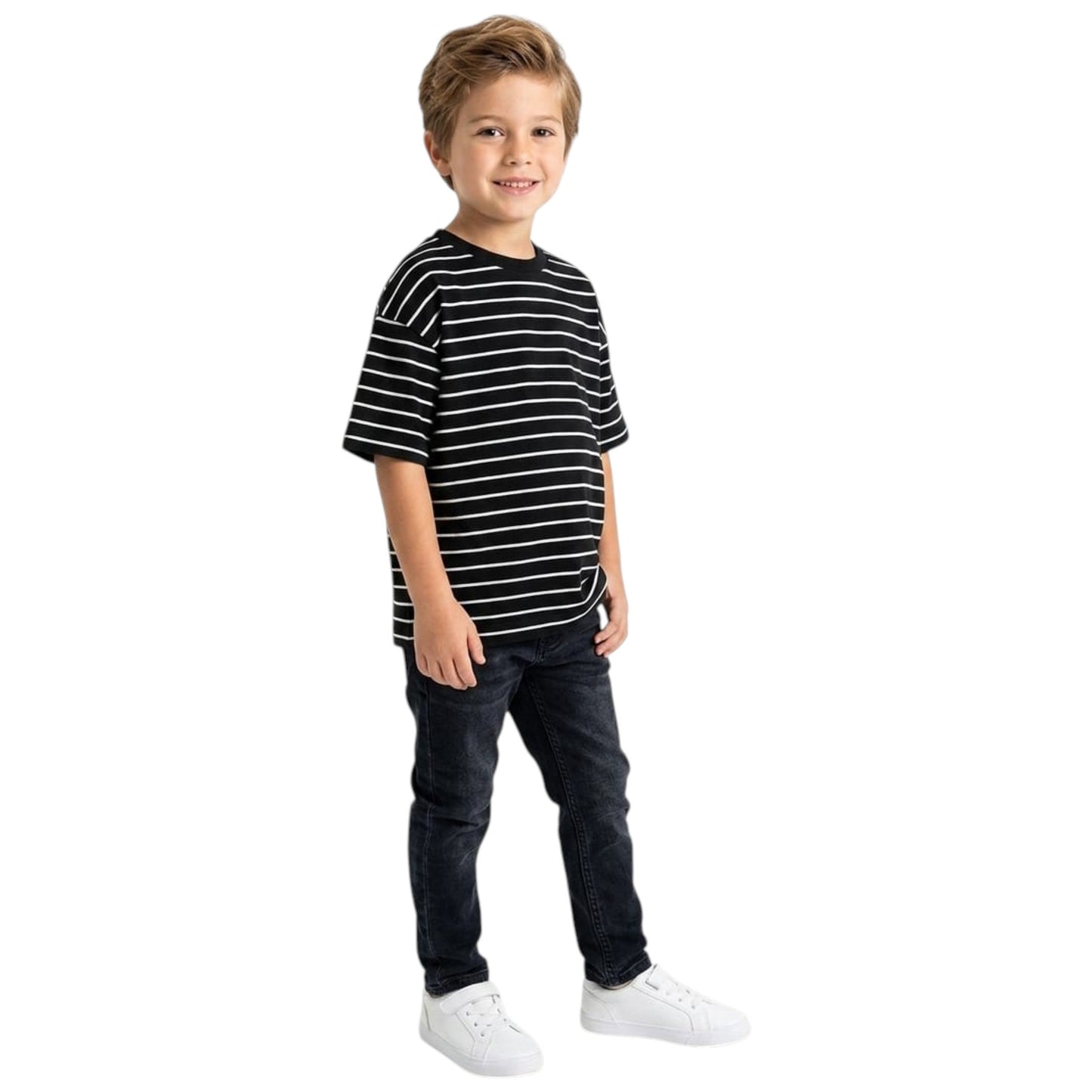 Kids Boy's White Stripped Top,Black