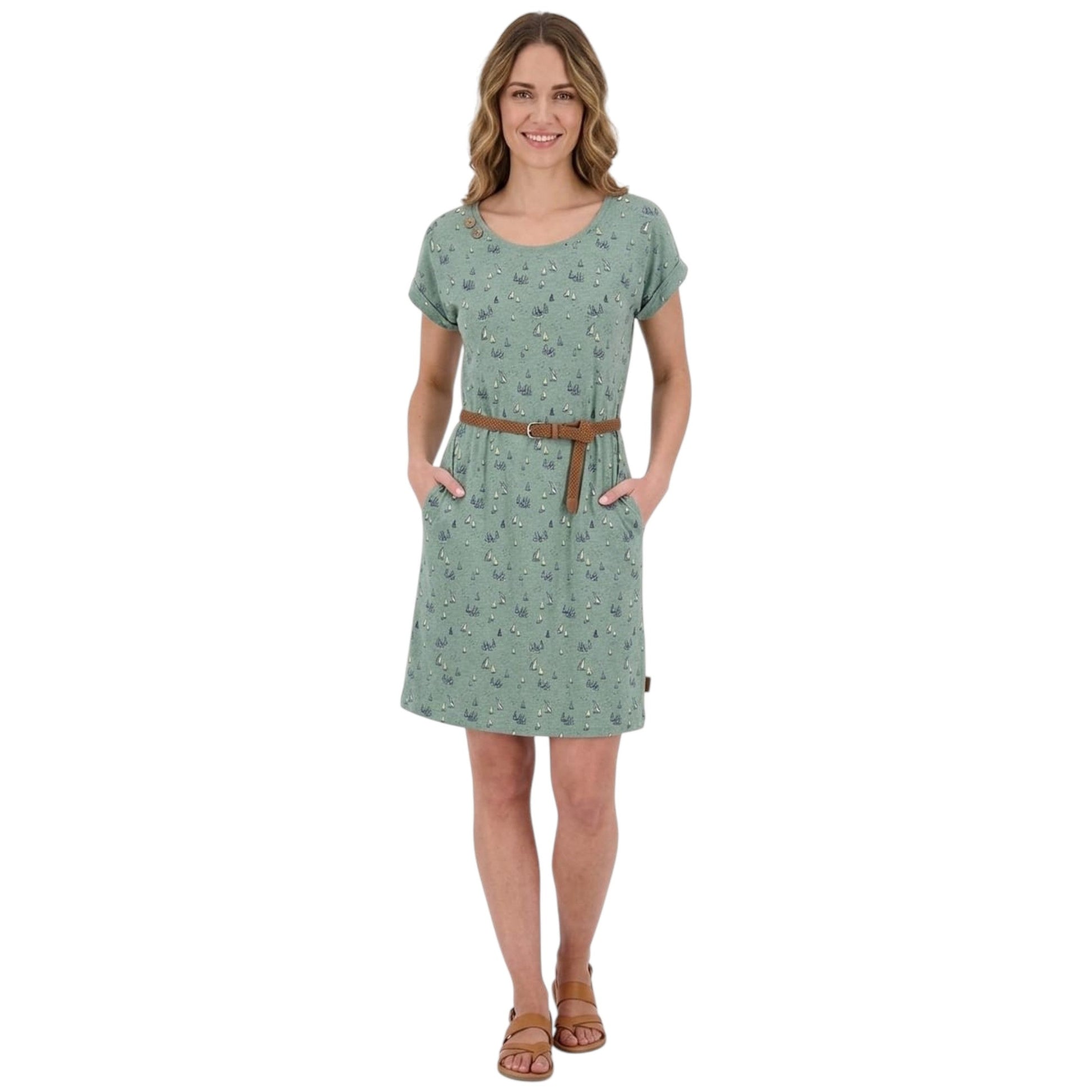 Women's Printed Dress&Braidered Belt,Dusty Turquoise